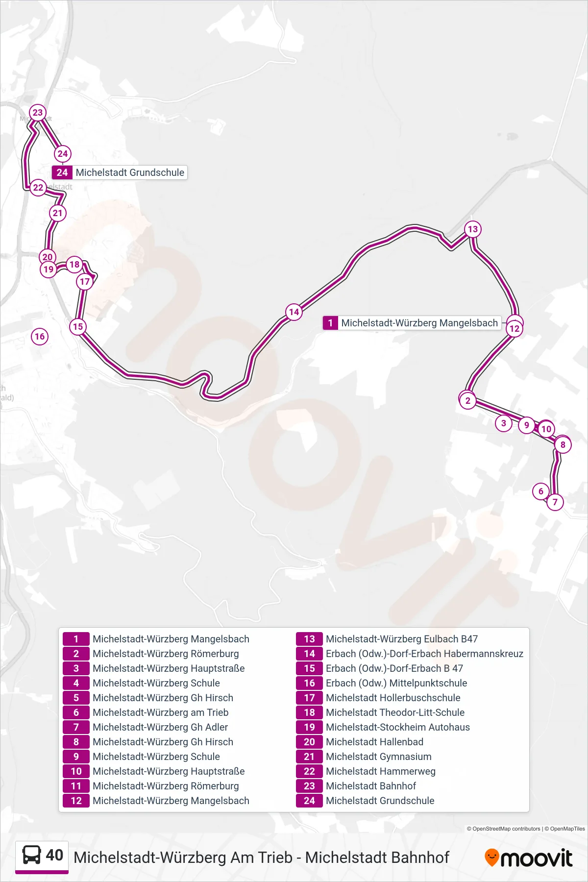 40 bus Line (Michelstadt) route and stops on a map