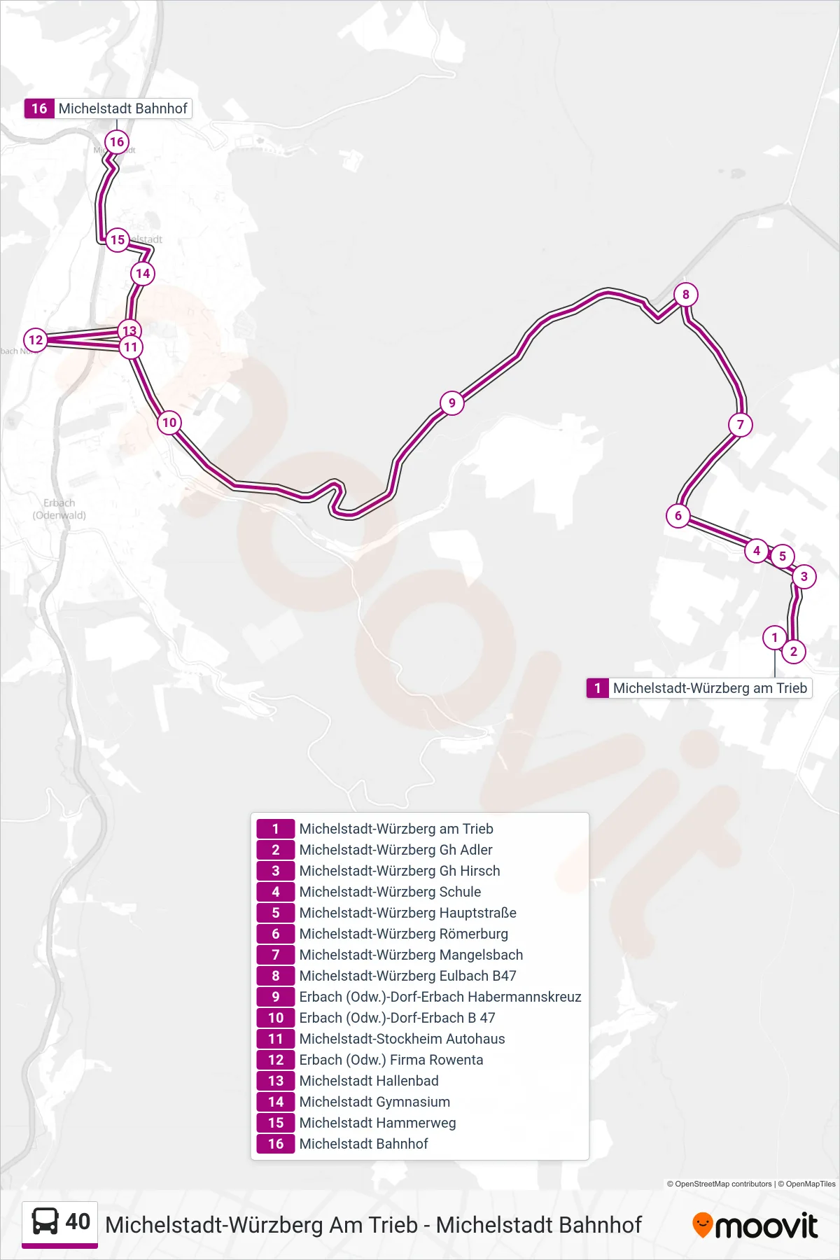 Linie 40 (Bus) Richtung Michelstadt - Erbach: Route und Haltestellen auf der Karte