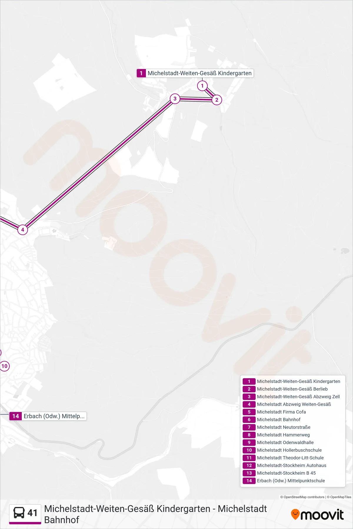 Linie 41 (Bus) Richtung Michelstadt: Route und Haltestellen auf der Karte