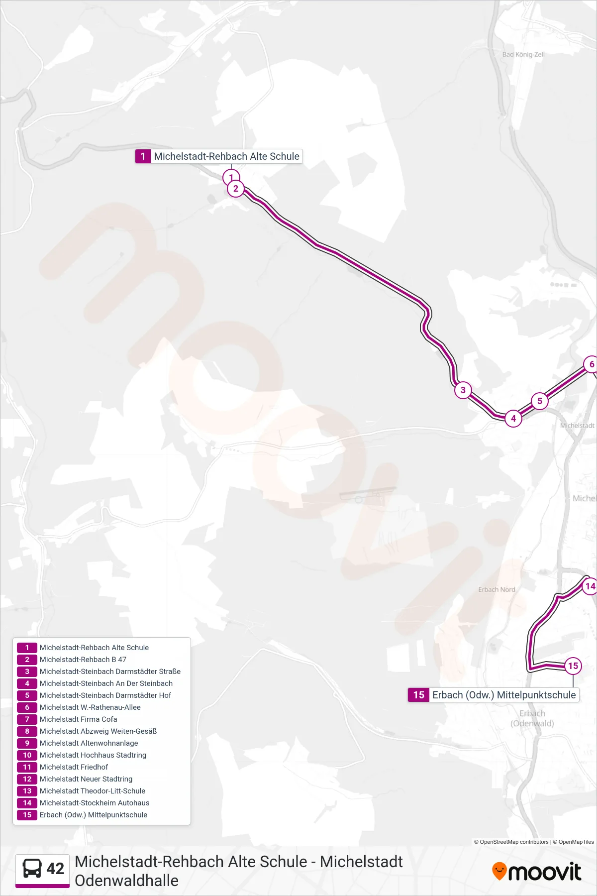 Linie 42 (Bus) Richtung Michelstadt - Erbach: Route und Haltestellen auf der Karte