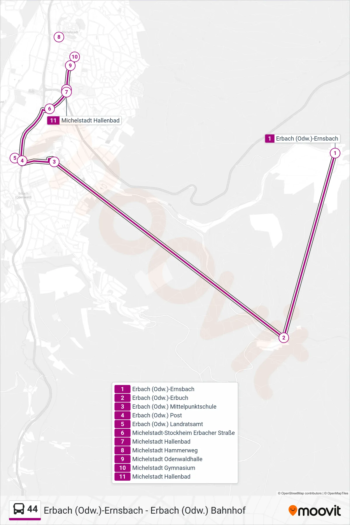Linie 44 (Bus) Richtung Michelstadt: Route und Haltestellen auf der Karte
