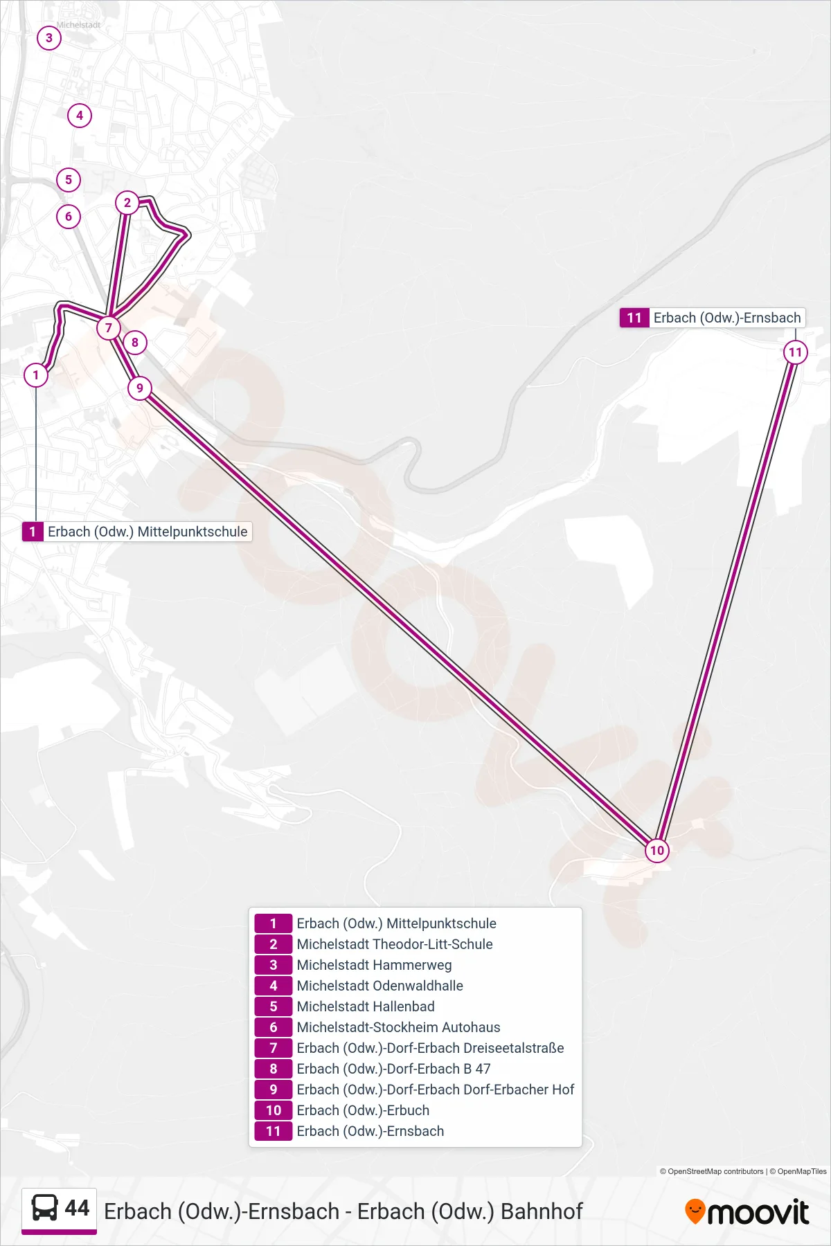44 bus Line (Erbuch - Ernsbach) route and stops on a map
