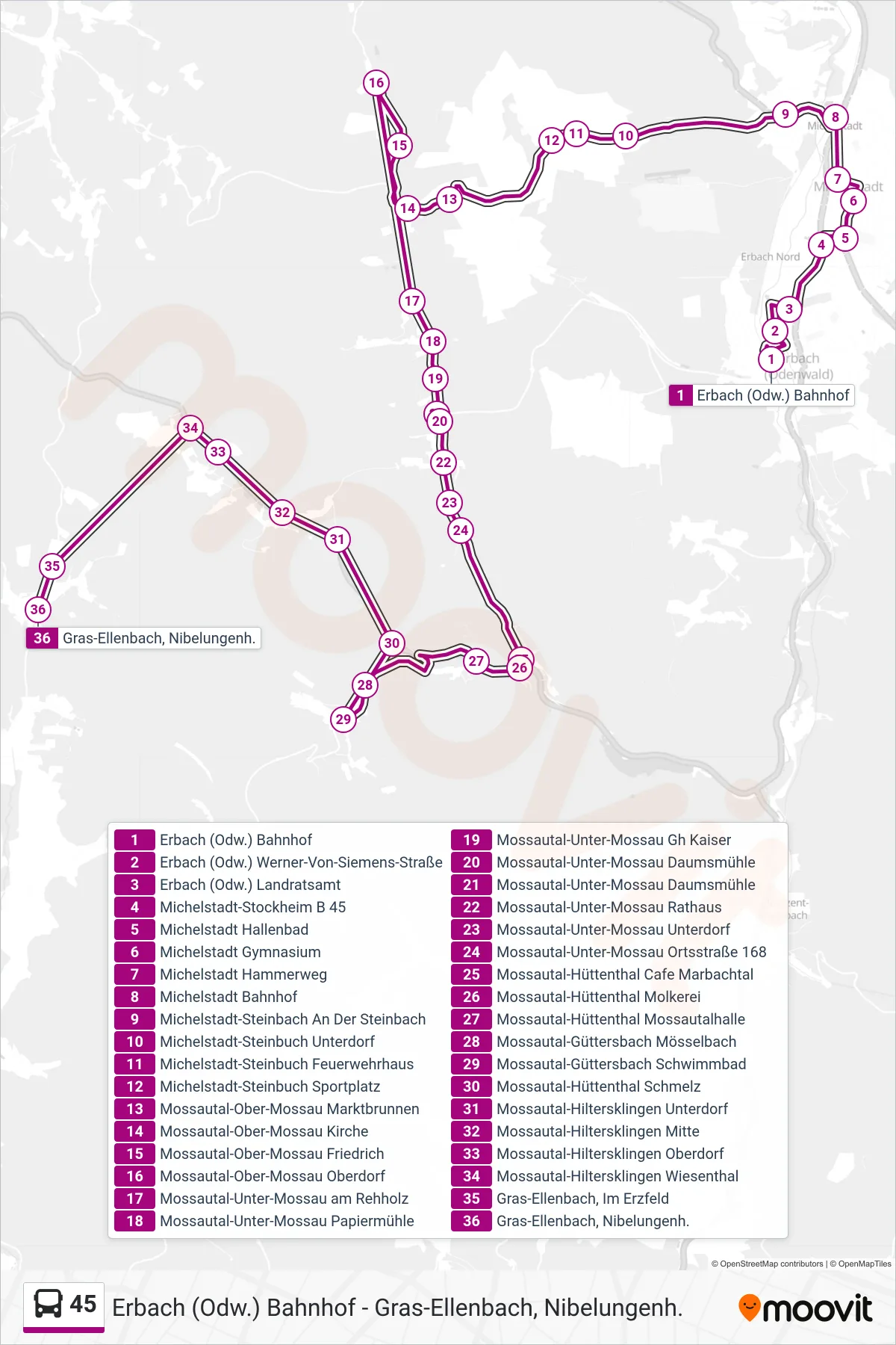 Linie 45 (Bus) Richtung Hiltersklingen-Grasellenbach: Route und Haltestellen auf der Karte