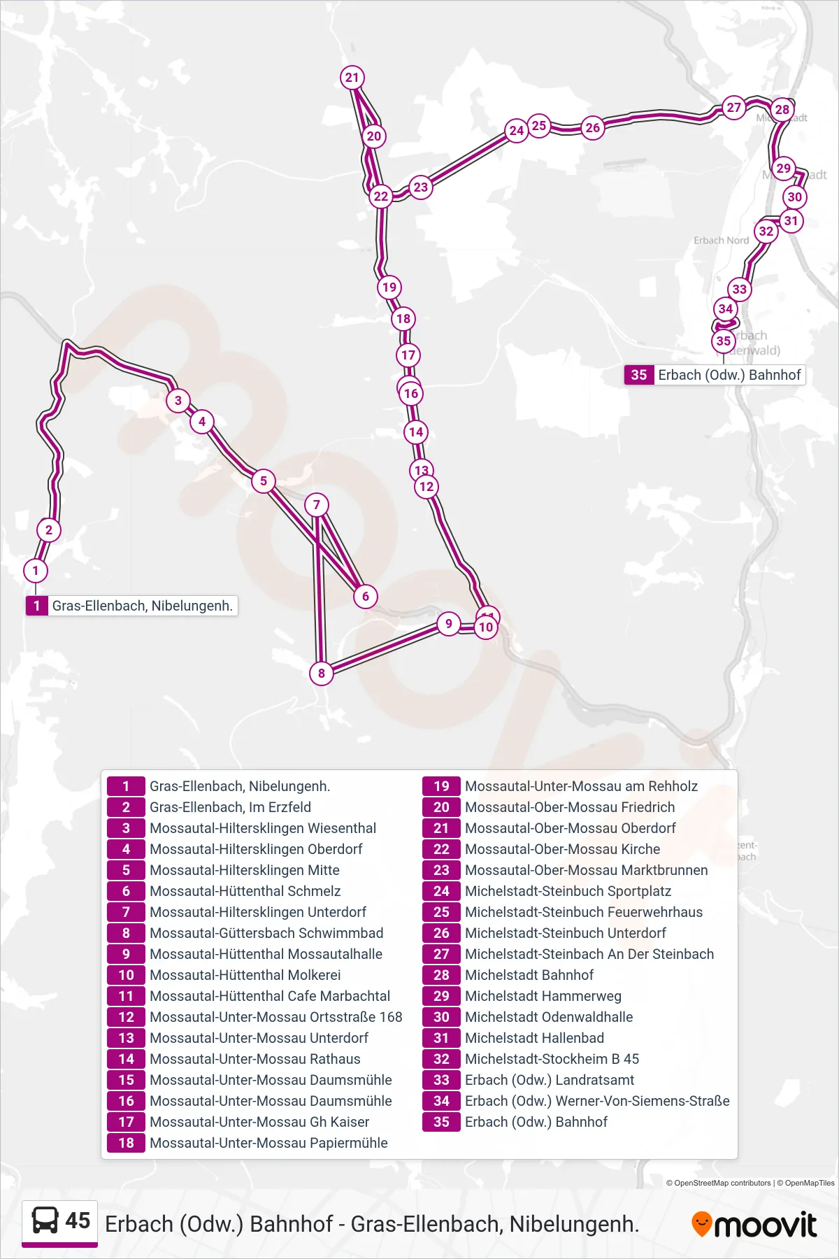 45 bus Line (Michelstadt - Erbach) route and stops on a map