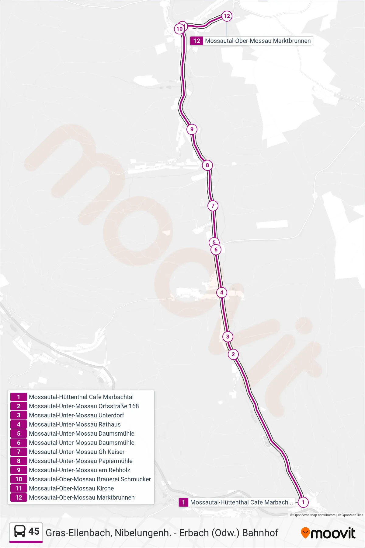 45 bus Line (Ober-Mossau) route and stops on a map