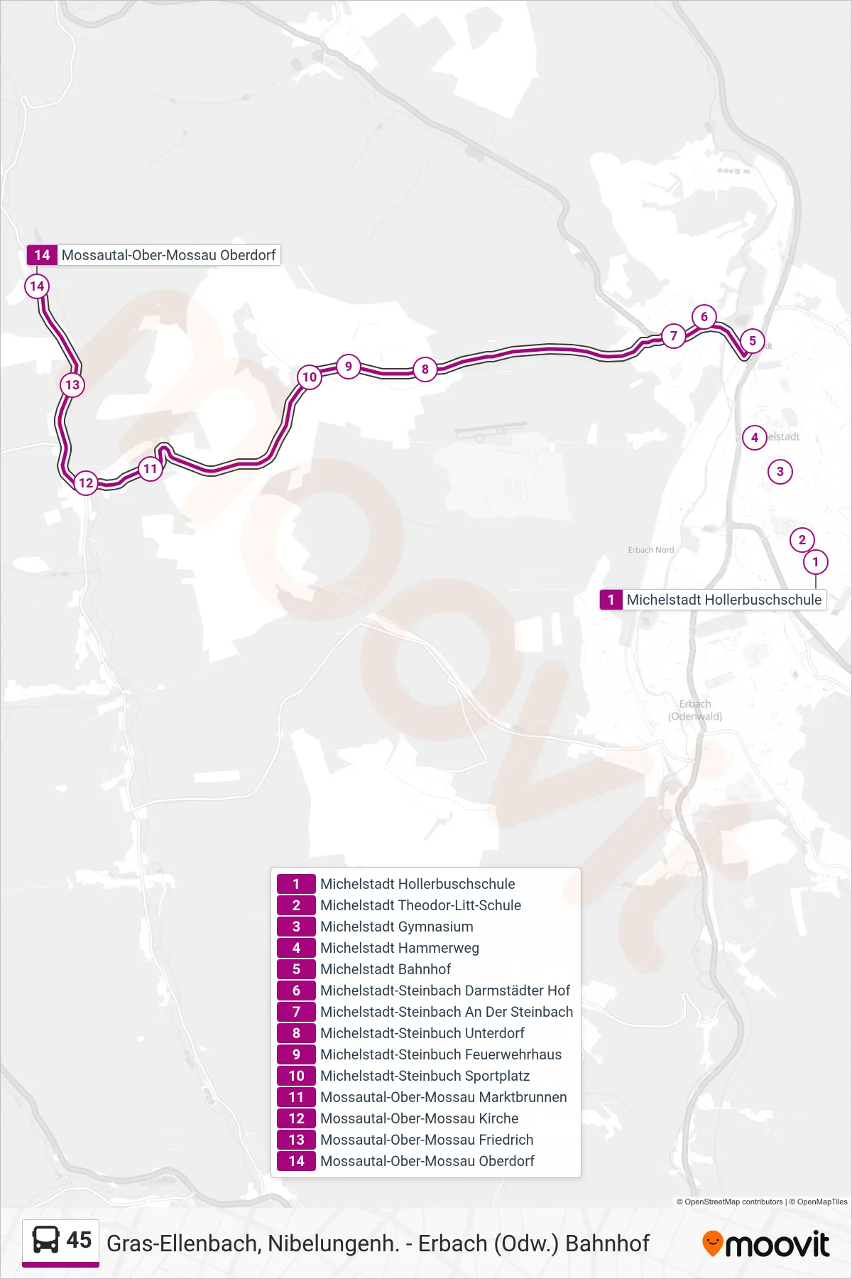 45 bus Line (Ober-Mossau) route and stops on a map
