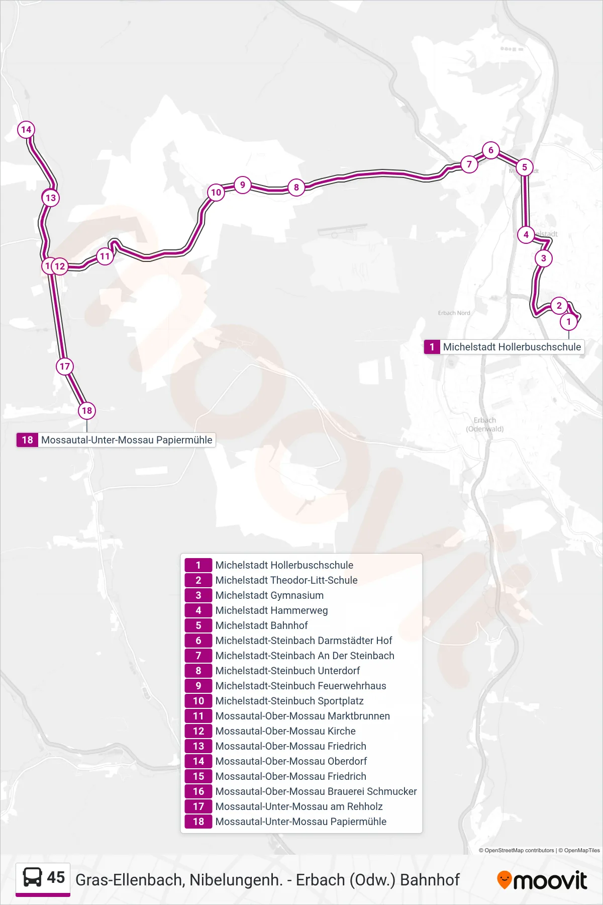 45 bus Line (Mossautal) route and stops on a map