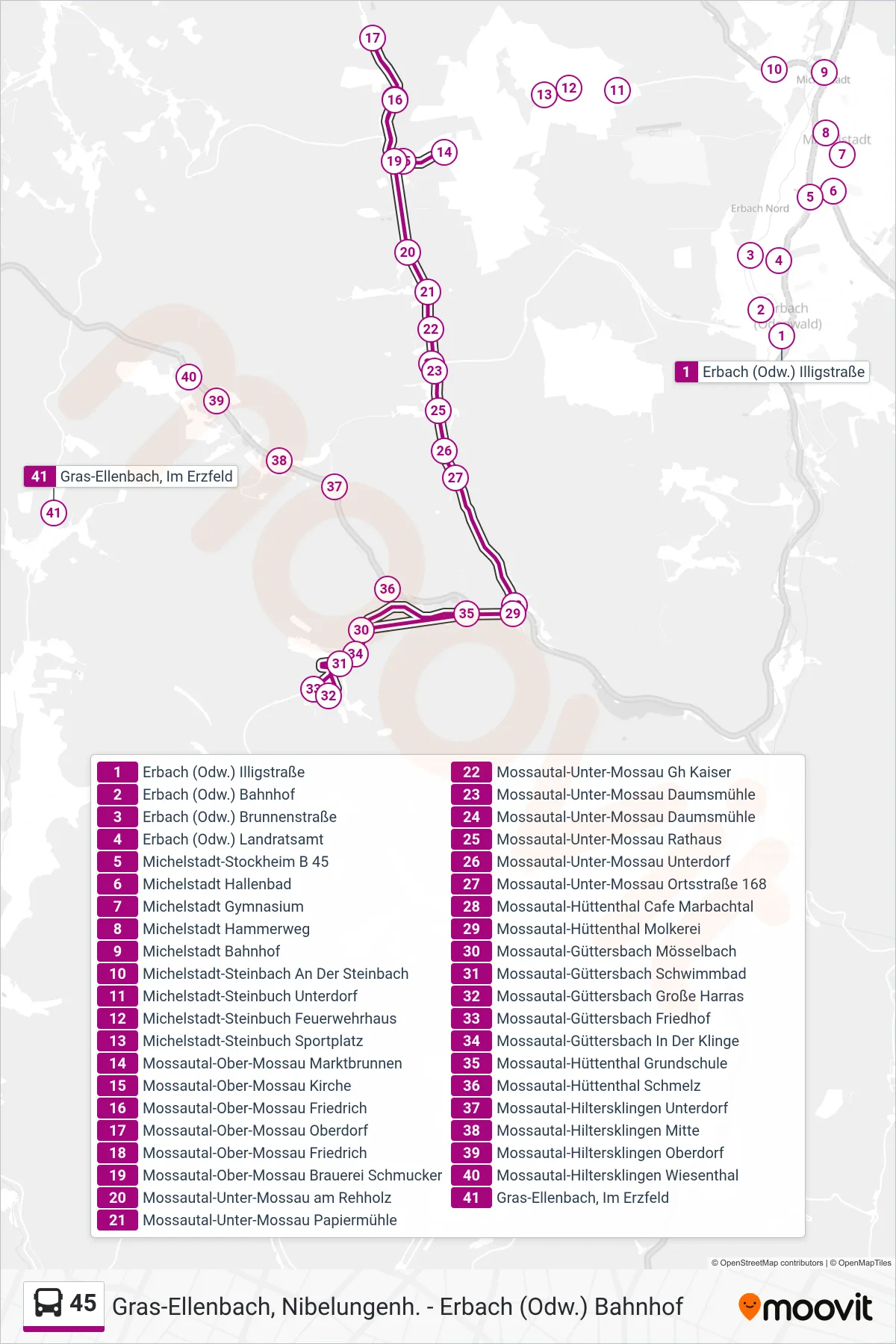 Linie 45 (Bus) Richtung Hüttenthal: Route und Haltestellen auf der Karte