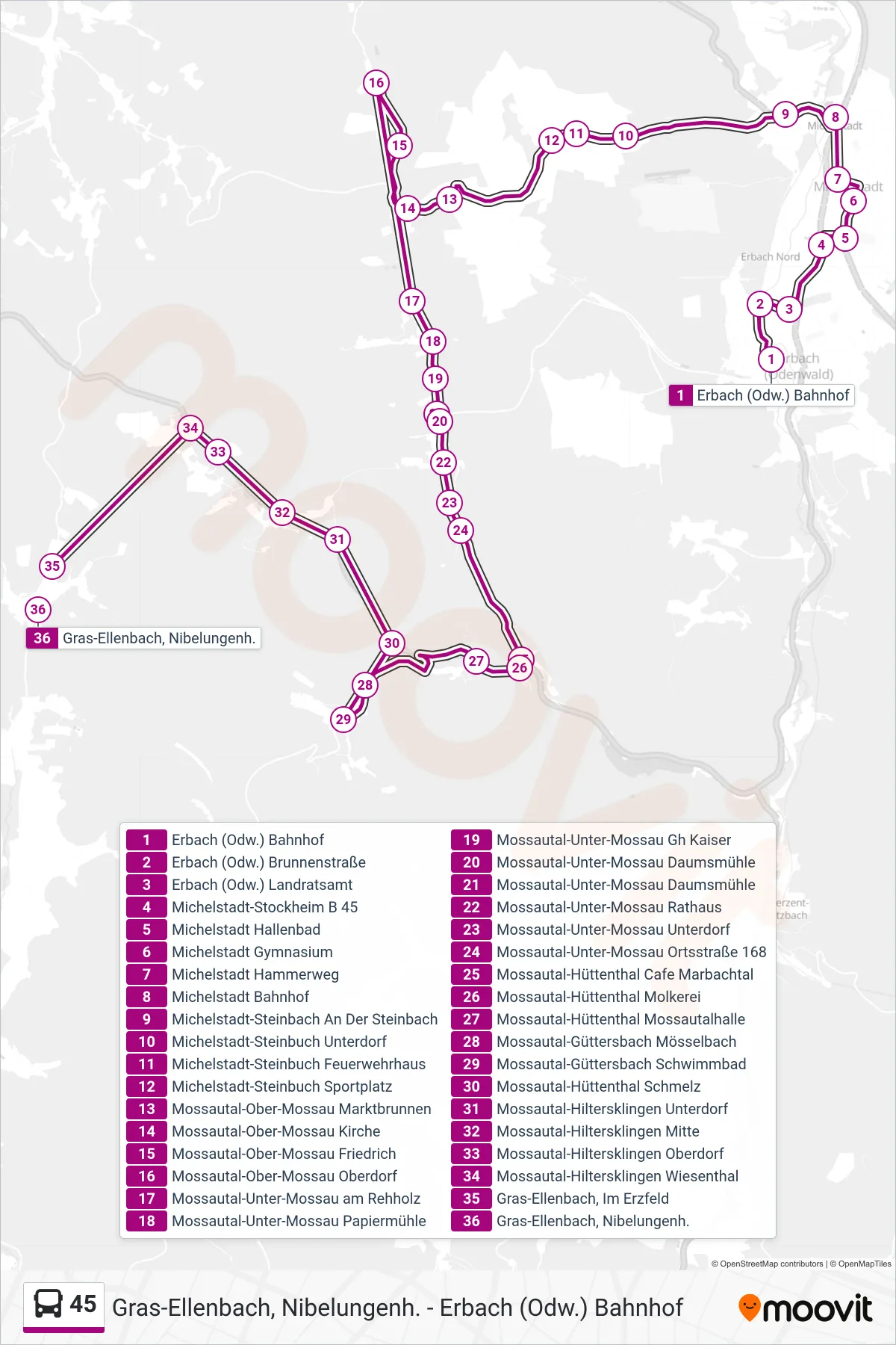 45 bus Line (Hiltersklingen-Grasellenbach) route and stops on a map
