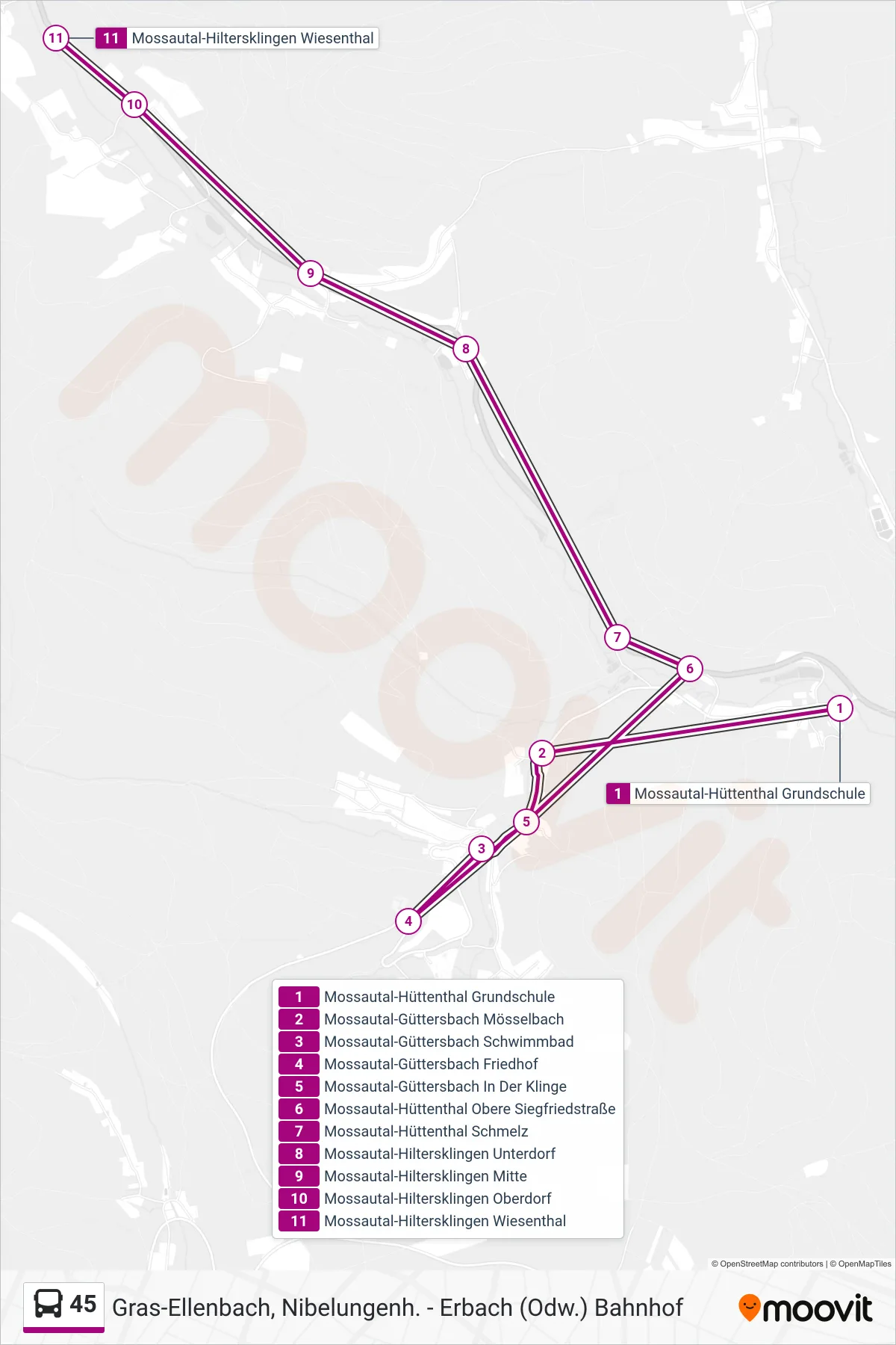 45 bus Line (Michelstadt) route and stops on a map