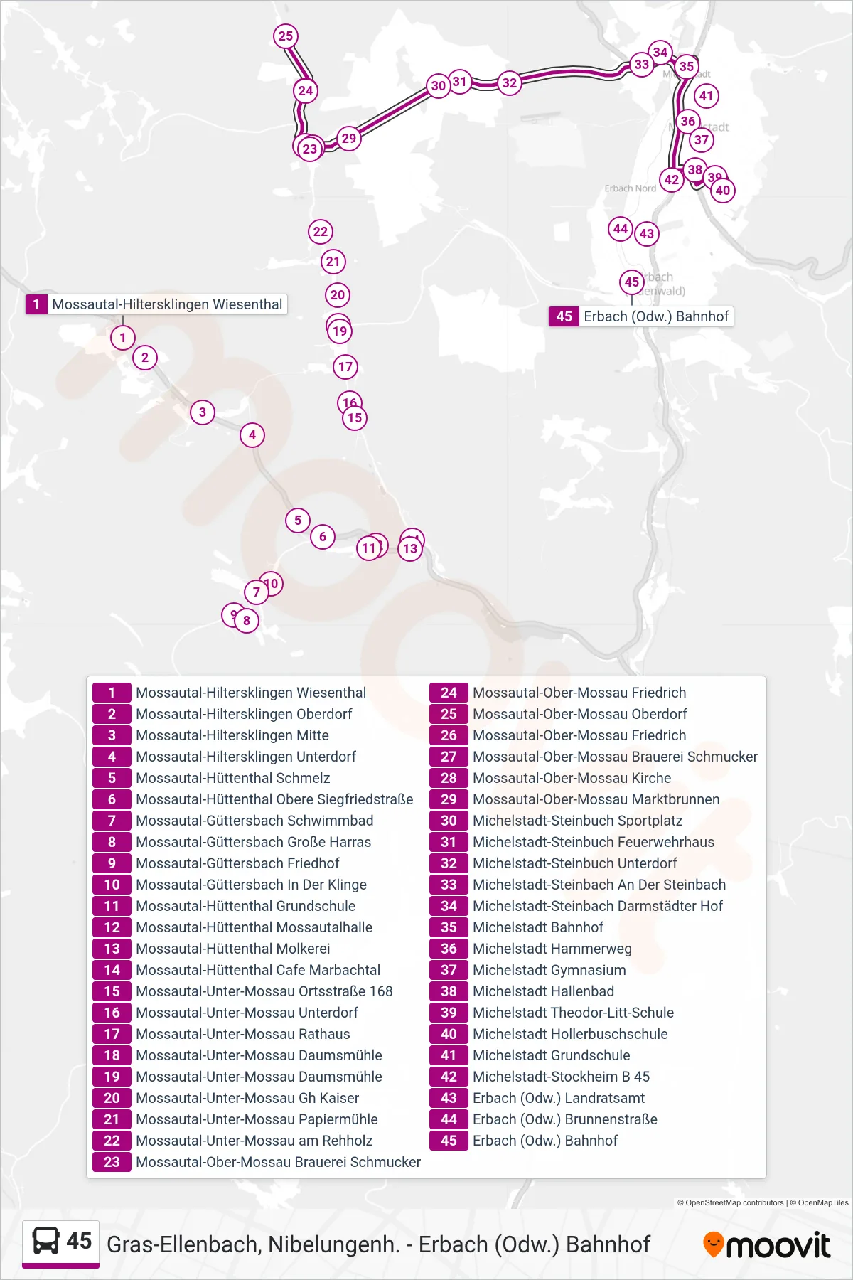45 bus Line (Michelstadt) route and stops on a map