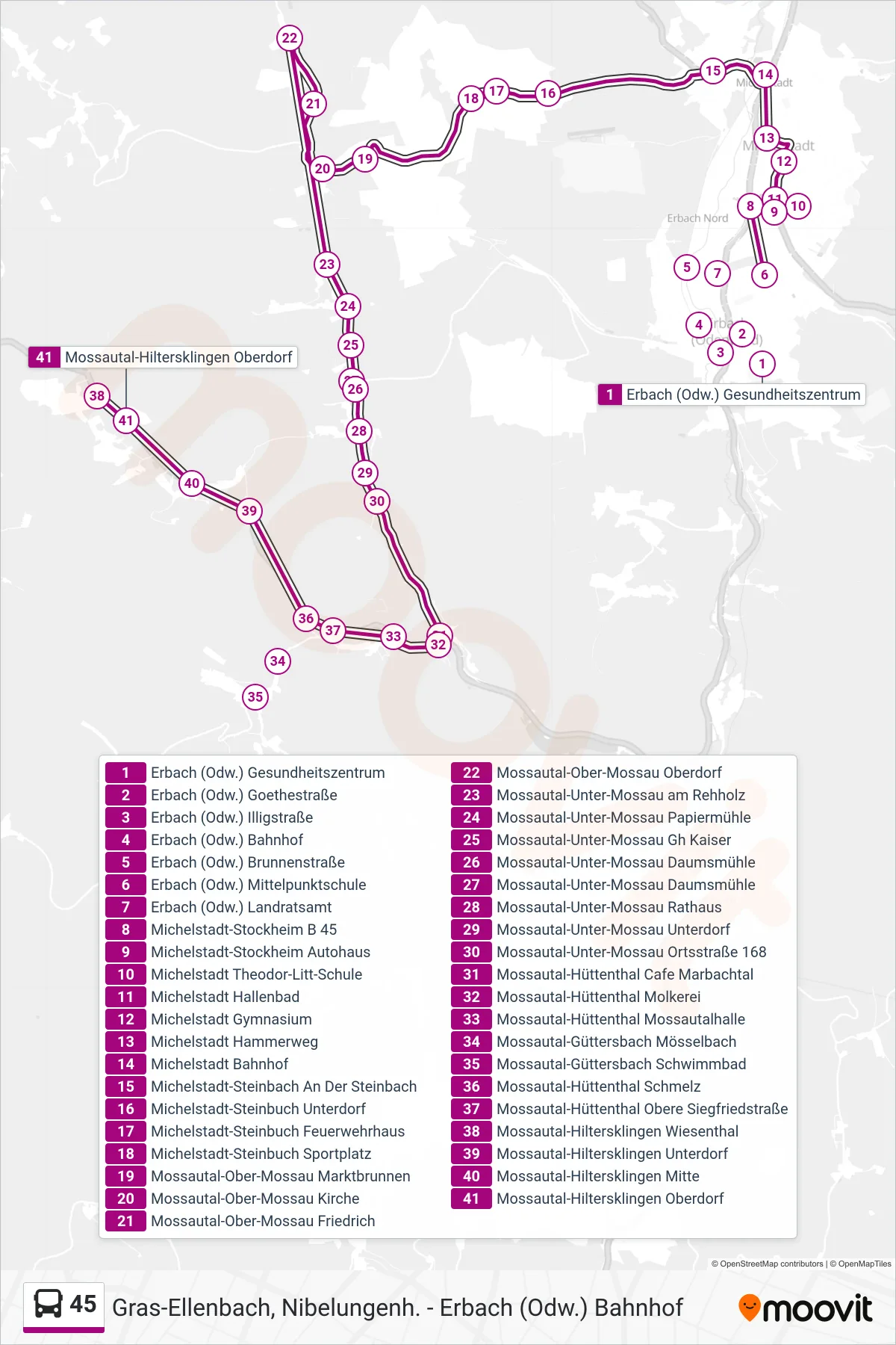 45 bus Line (Hiltersklingen) route and stops on a map