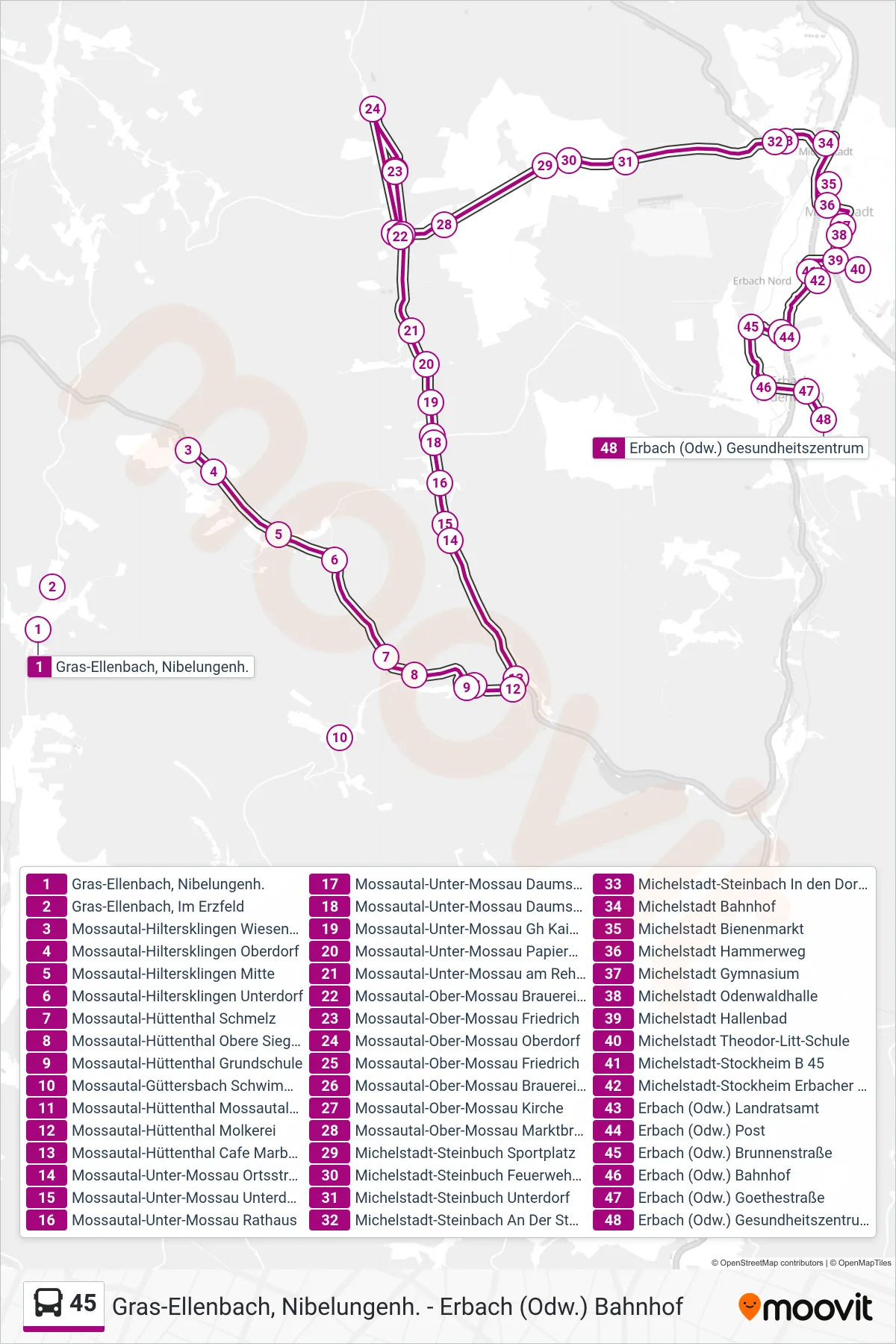 45 bus Line (Michelstadt - Erbach) route and stops on a map