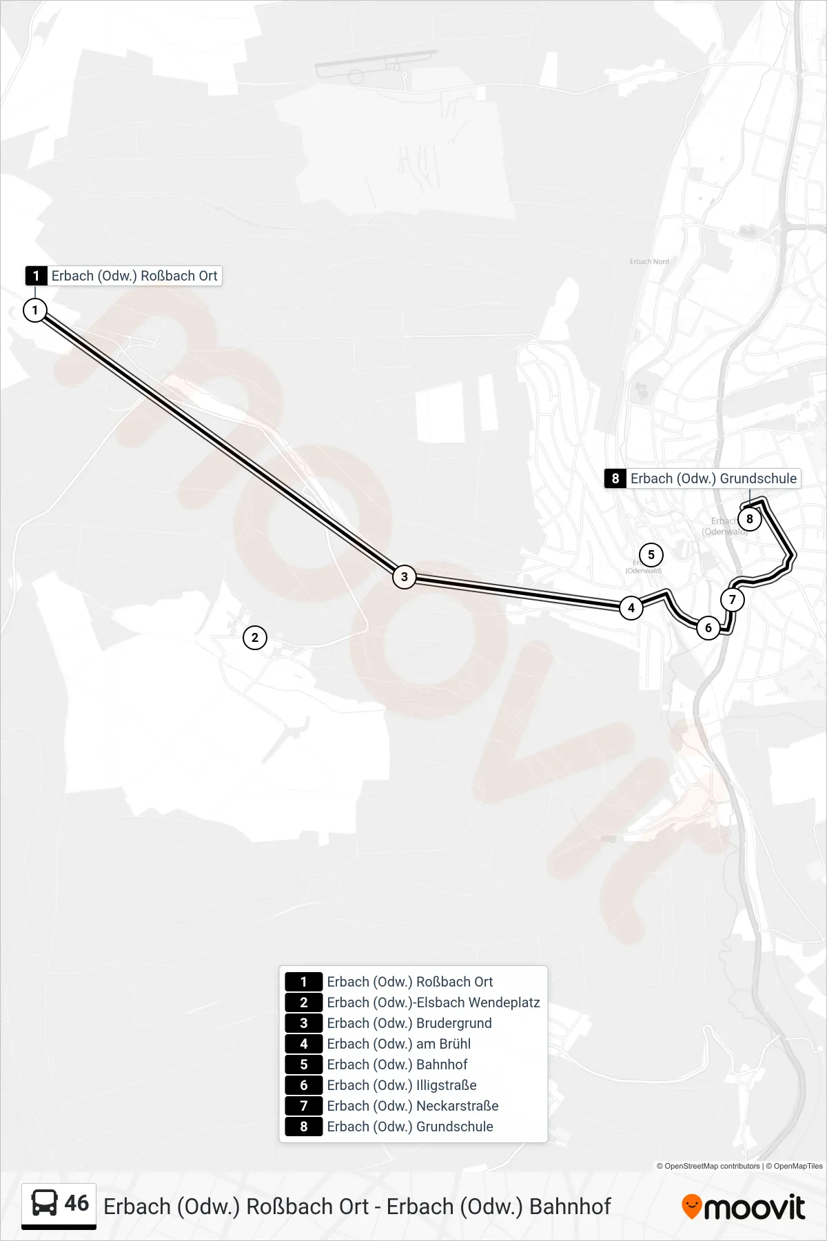 46 bus Line (Erbach) route and stops on a map