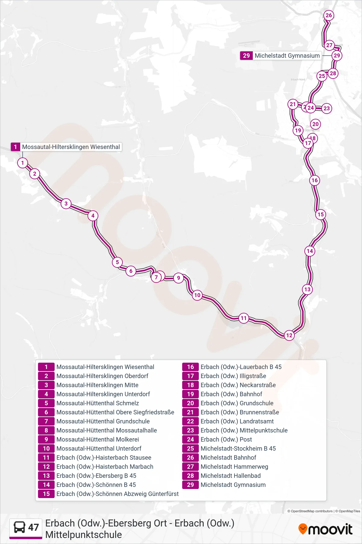47 bus Line (Michelstadt) route and stops on a map