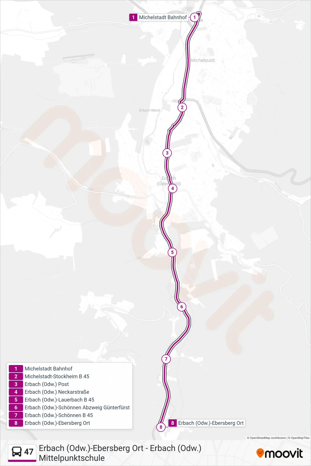 47 bus Line (Ebersberg) route and stops on a map