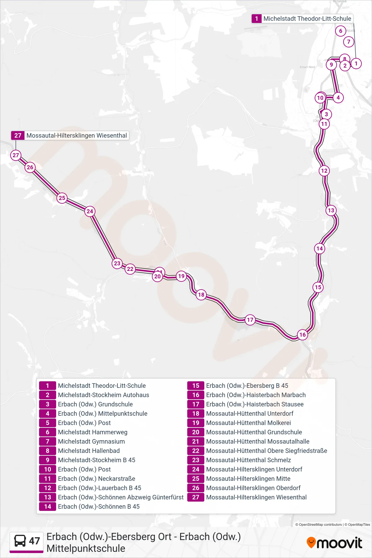 47 bus Line (Hiltersklingen) route and stops on a map