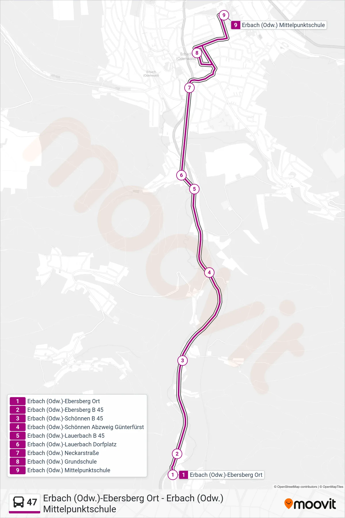 47 bus Line (Erbach Schule) route and stops on a map