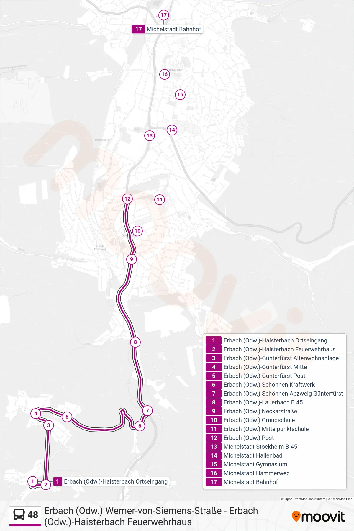 Linie 48 (Bus) Richtung Michelstadt: Route und Haltestellen auf der Karte