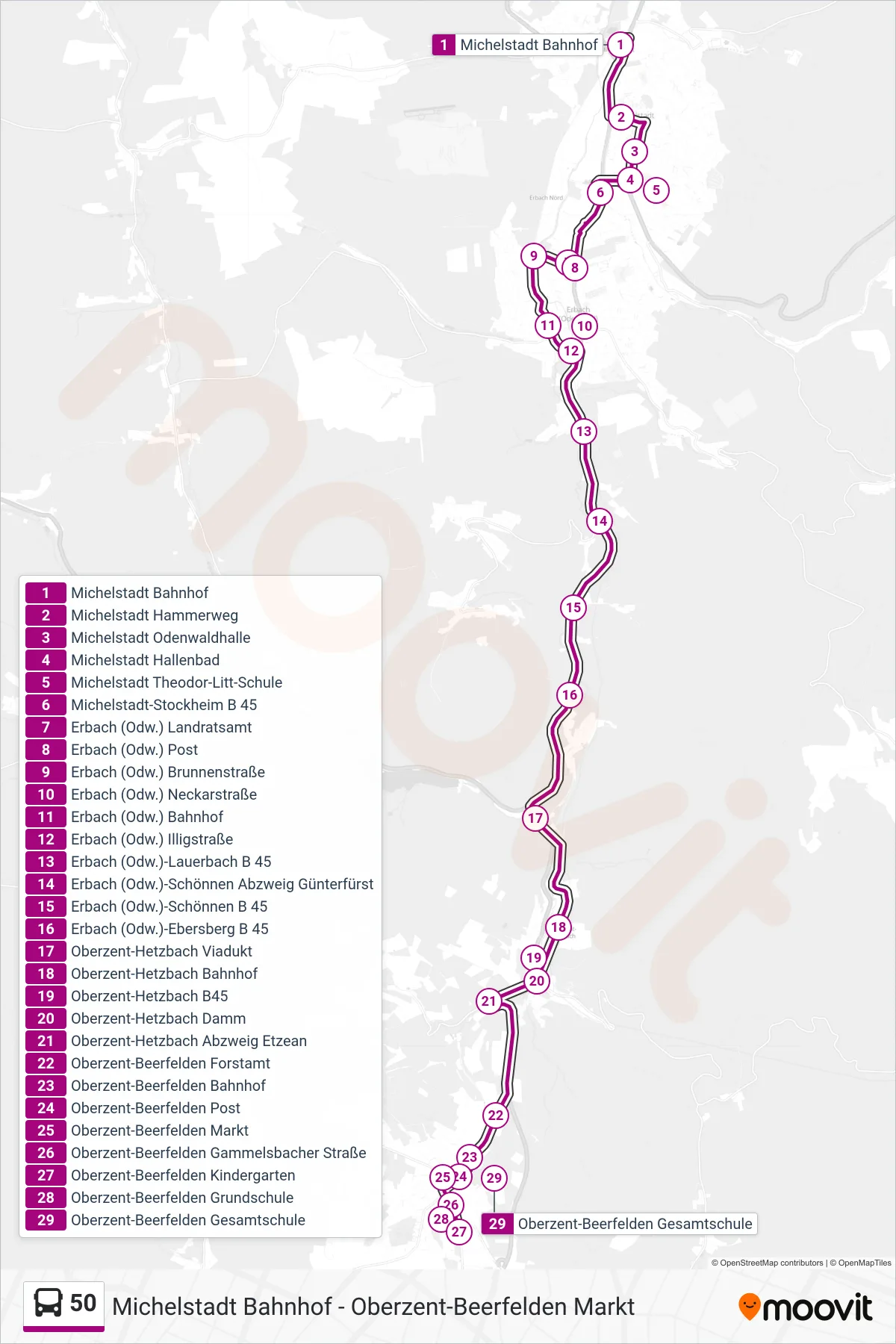 50 bus Line (Beerfelden) route and stops on a map