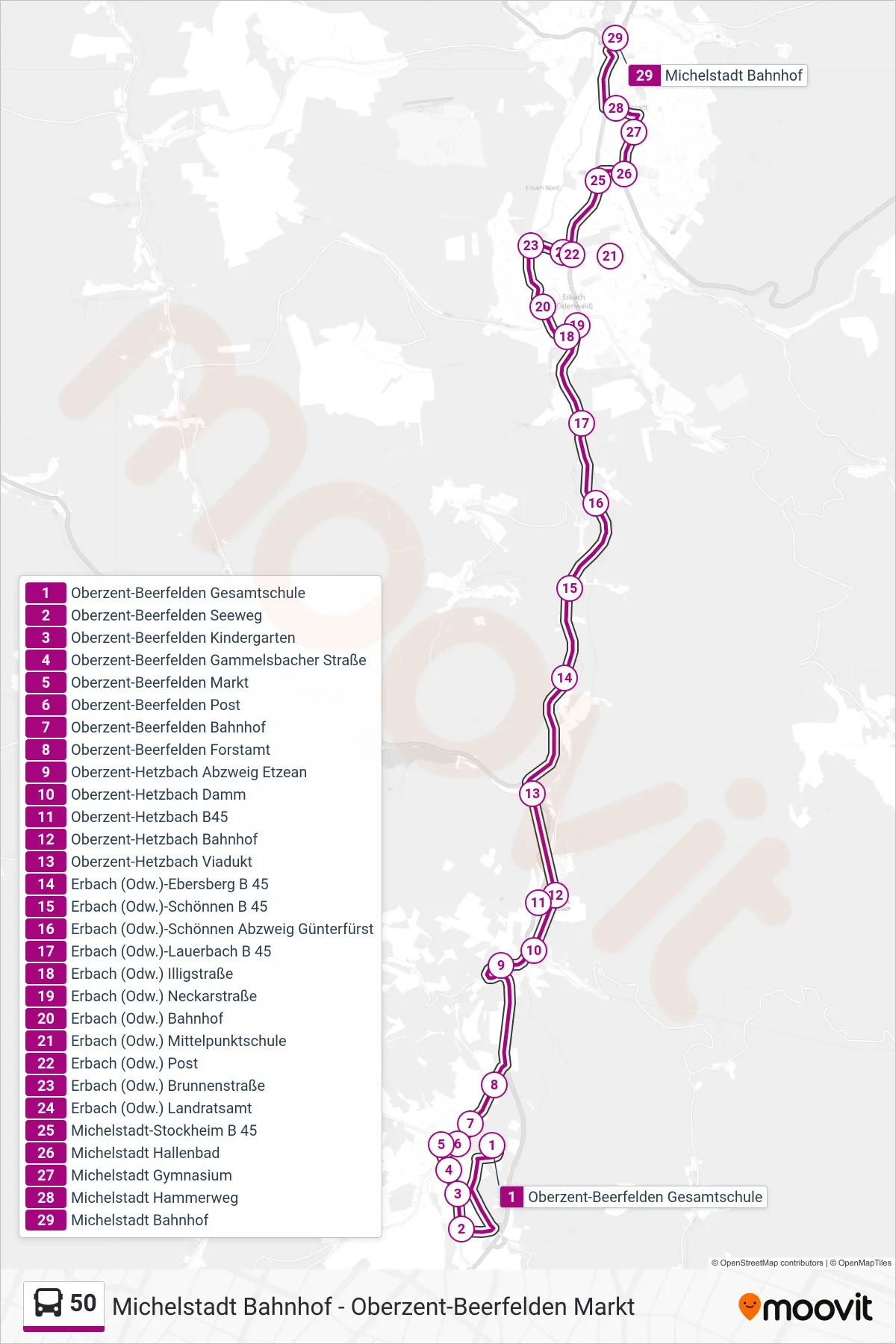 Linie 50 (Bus) Richtung Michelstadt: Route und Haltestellen auf der Karte