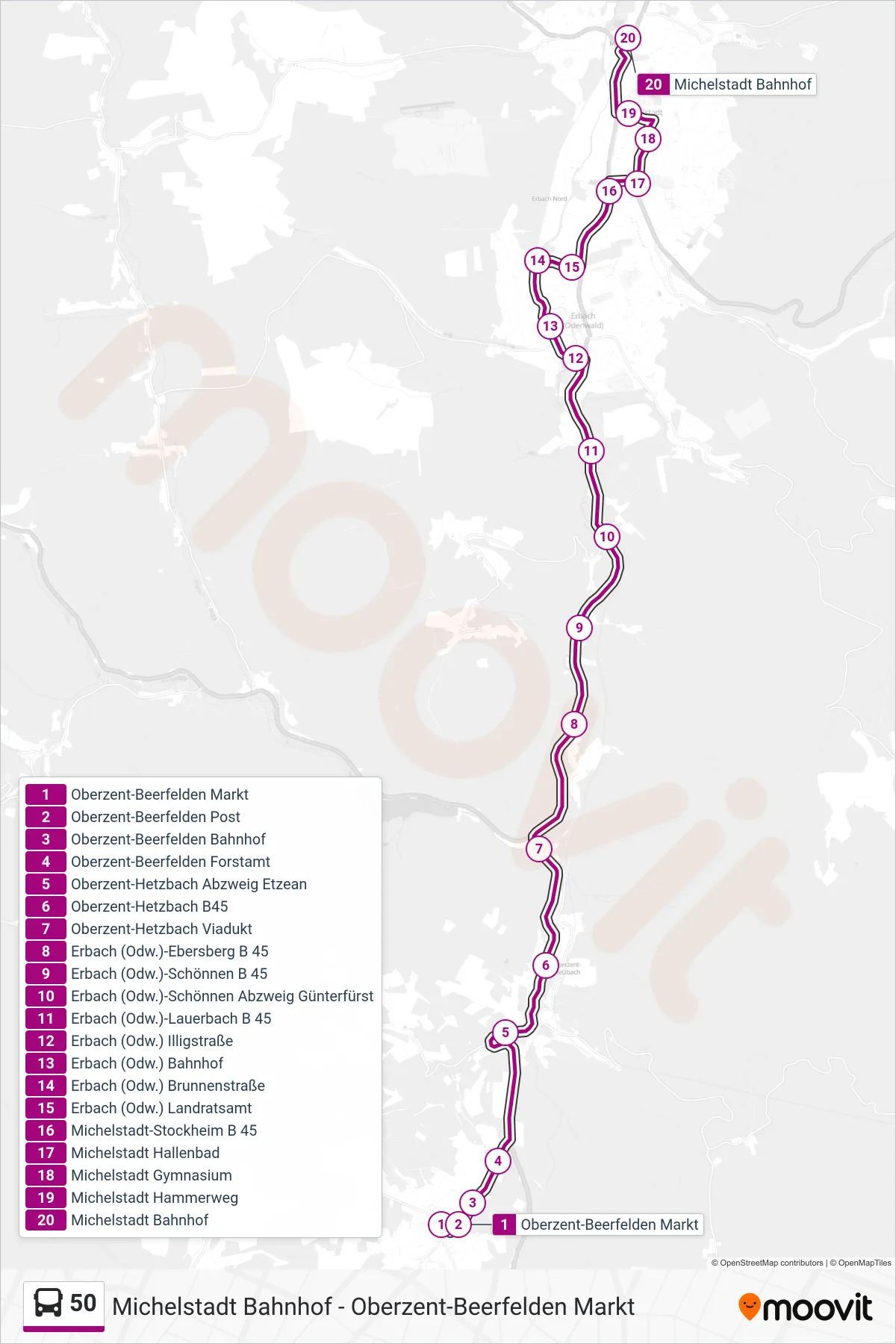 50 bus Line (Mondscheinbus Michelstadt) route and stops on a map