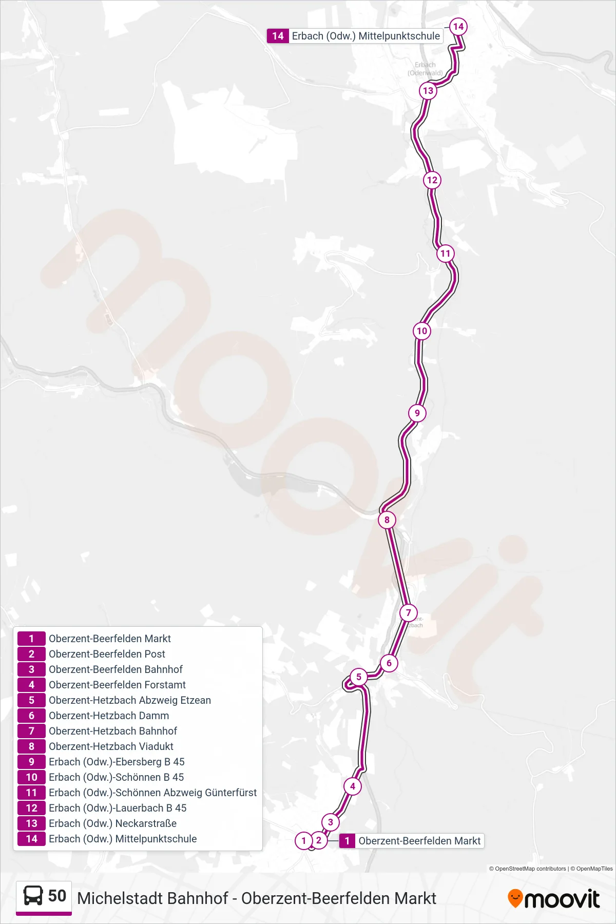 50 bus Line (Erbach) route and stops on a map