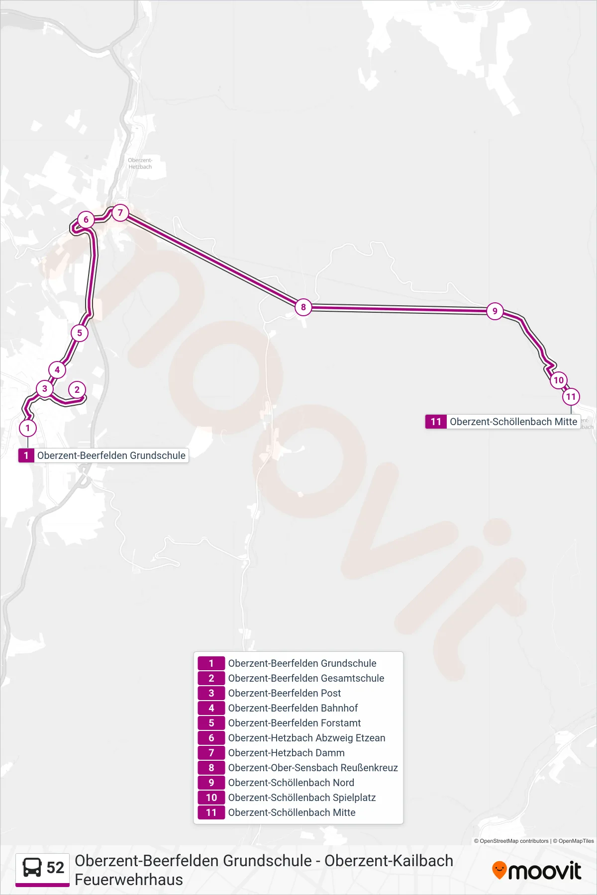52 bus Line (Schöllenbach) route and stops on a map