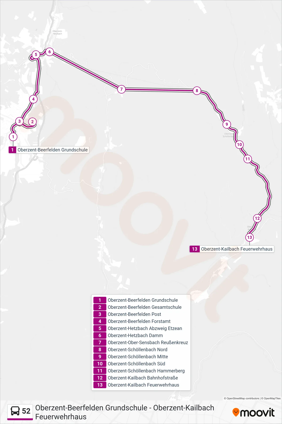 Linie 52 (Bus) Richtung Kailbach: Route und Haltestellen auf der Karte