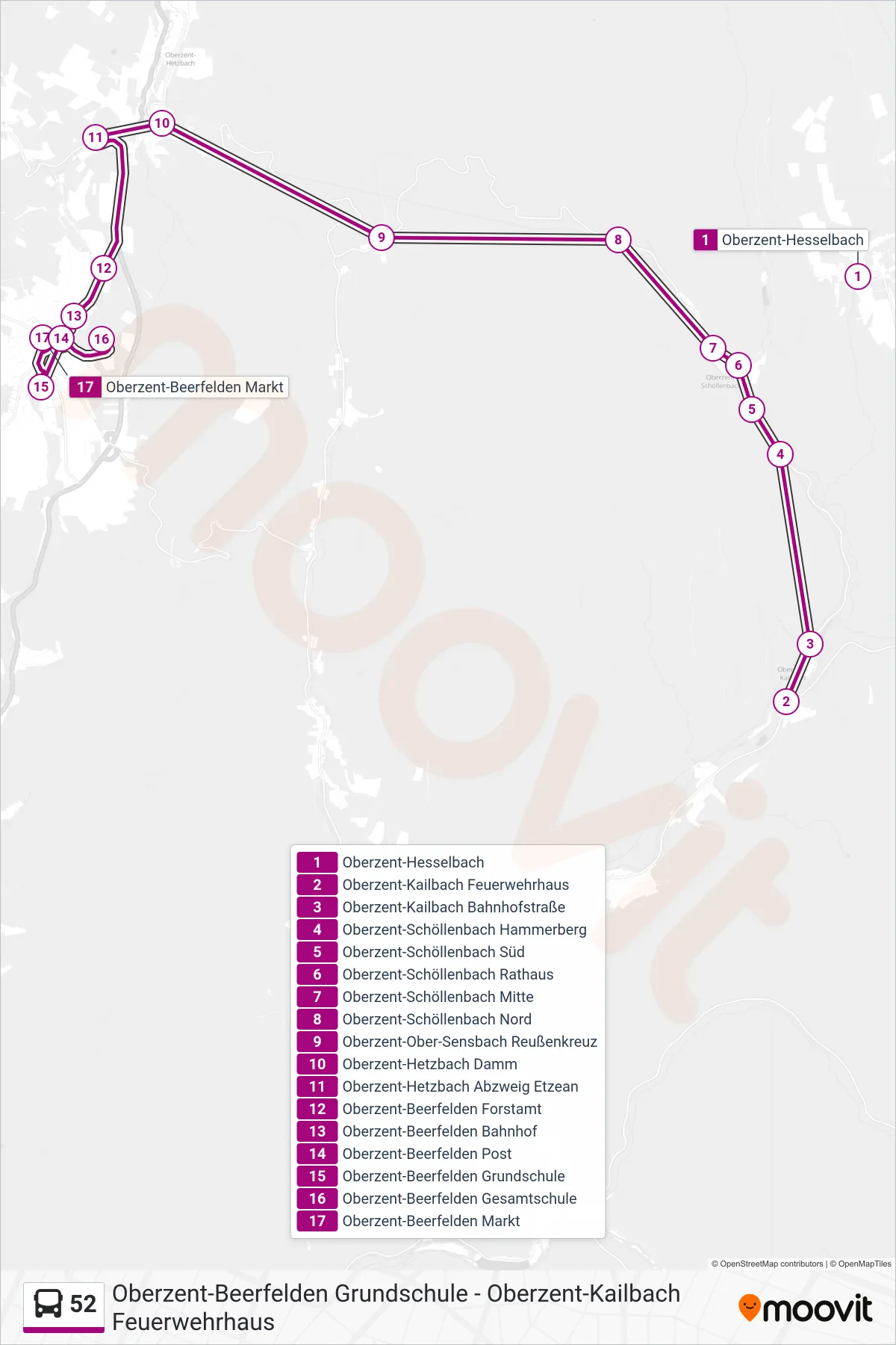 52 bus Line (Beerfelden) route and stops on a map