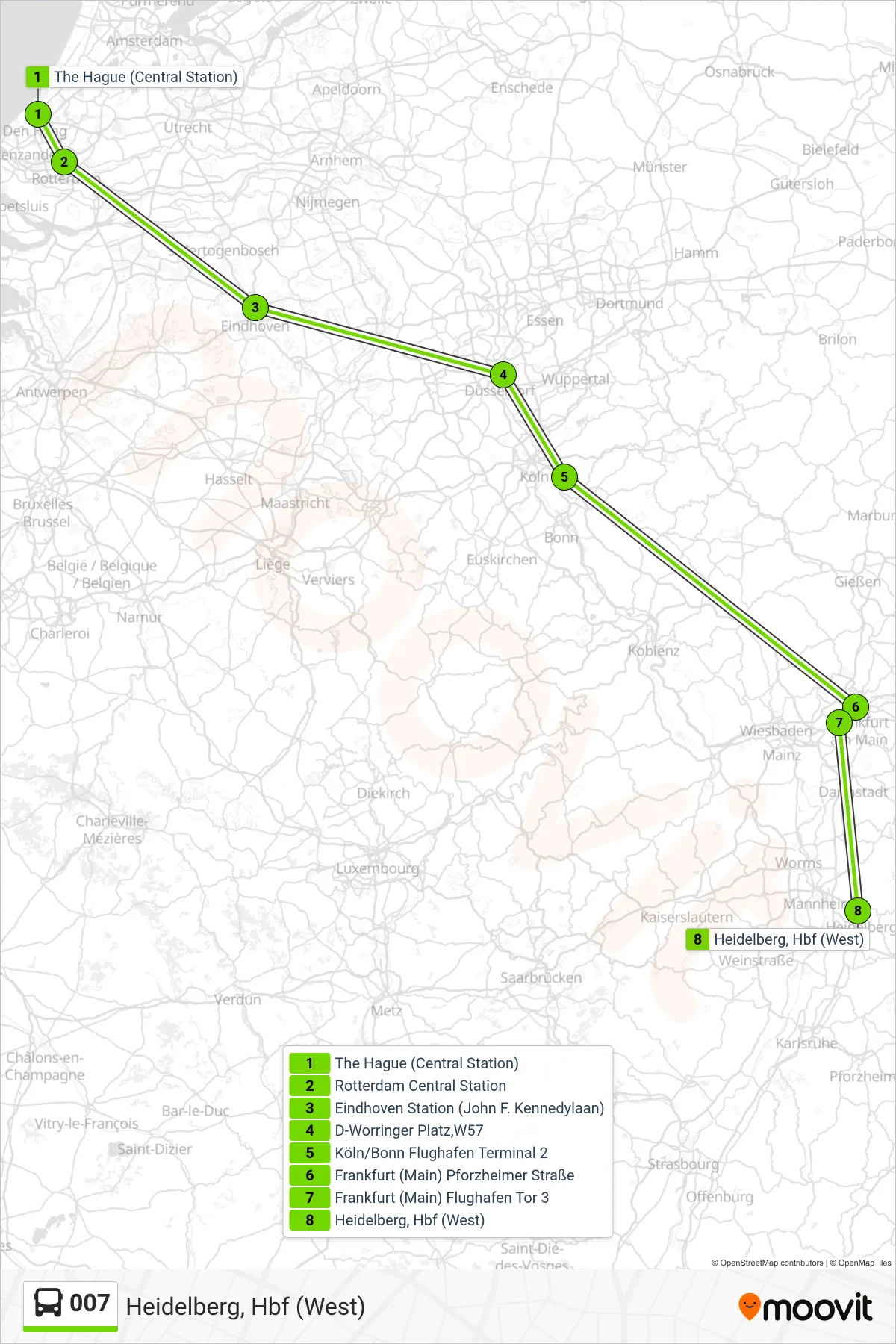 007 bus Line (Heidelberg, Hbf (West)) route and stops on a map