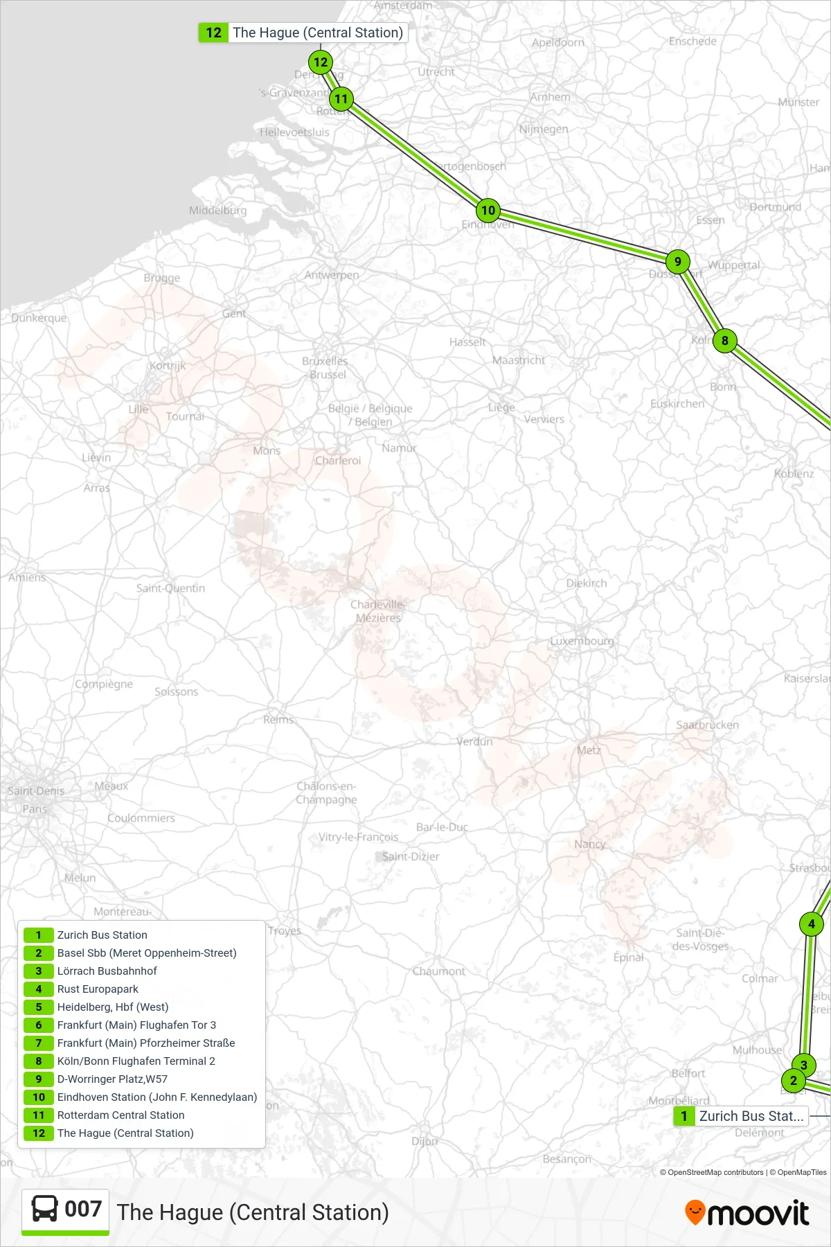 007 bus Line (The Hague (Central Station)) route and stops on a map