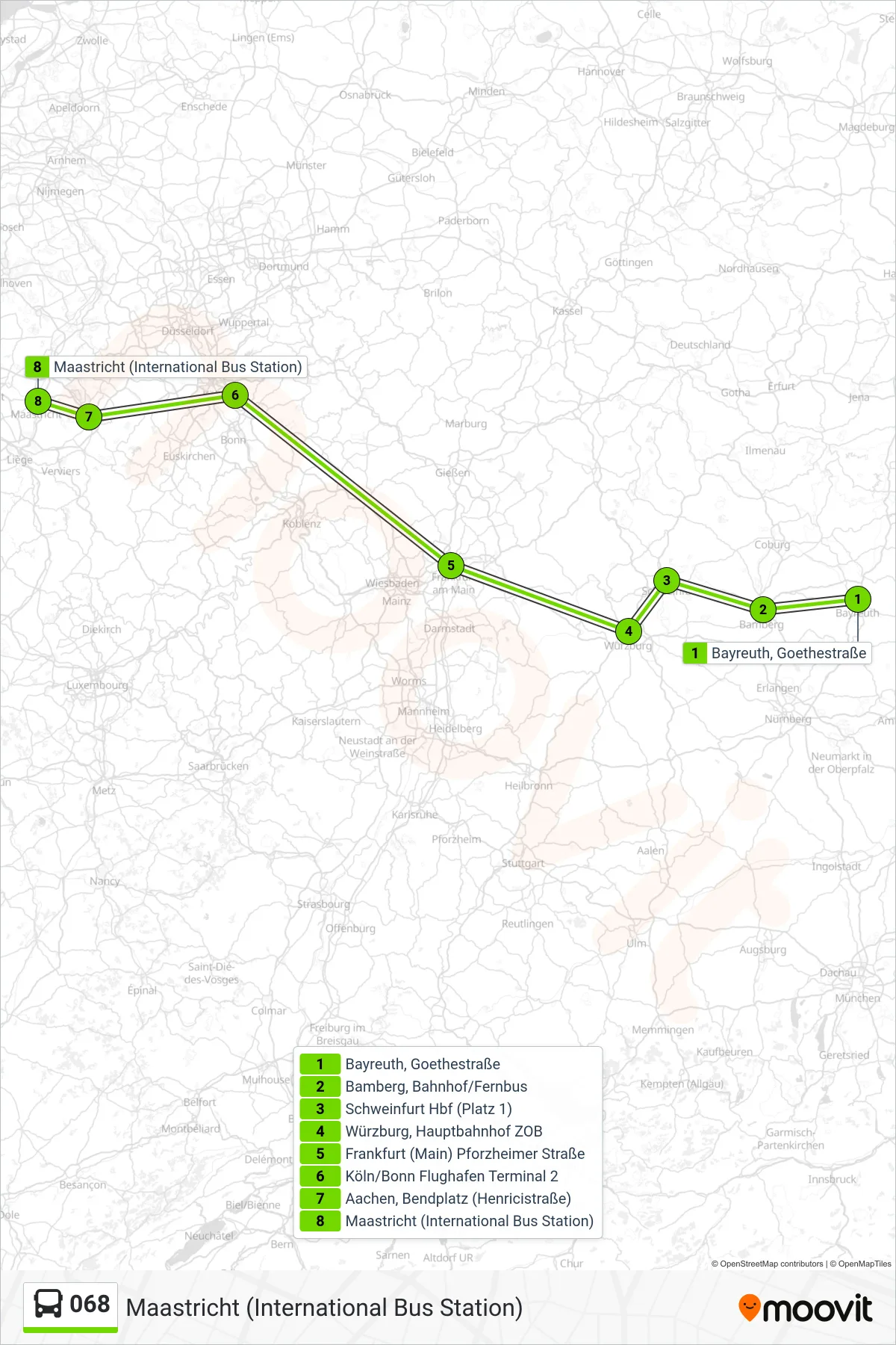 068 bus Line (Maastricht (International Bus Station)) route and stops on a map