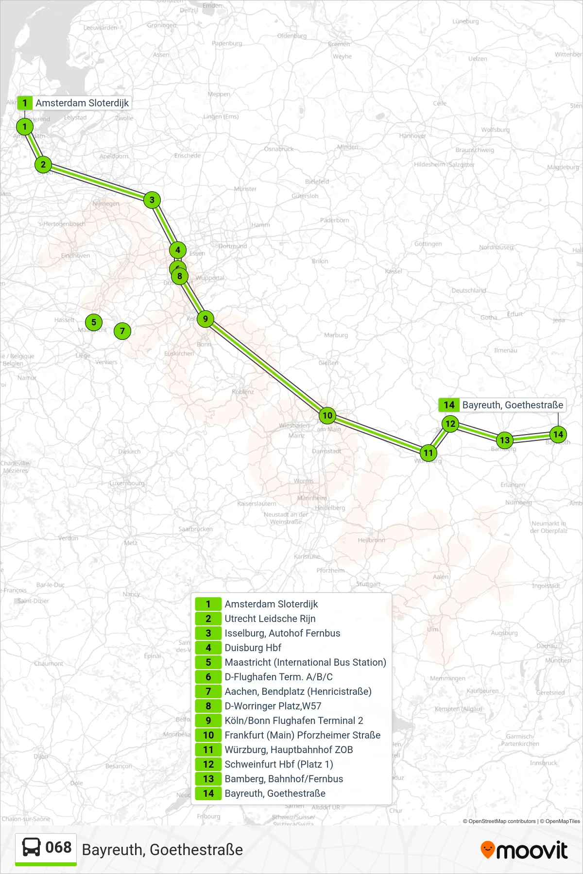 068 bus Line (Bayreuth, Goethestraße) route and stops on a map