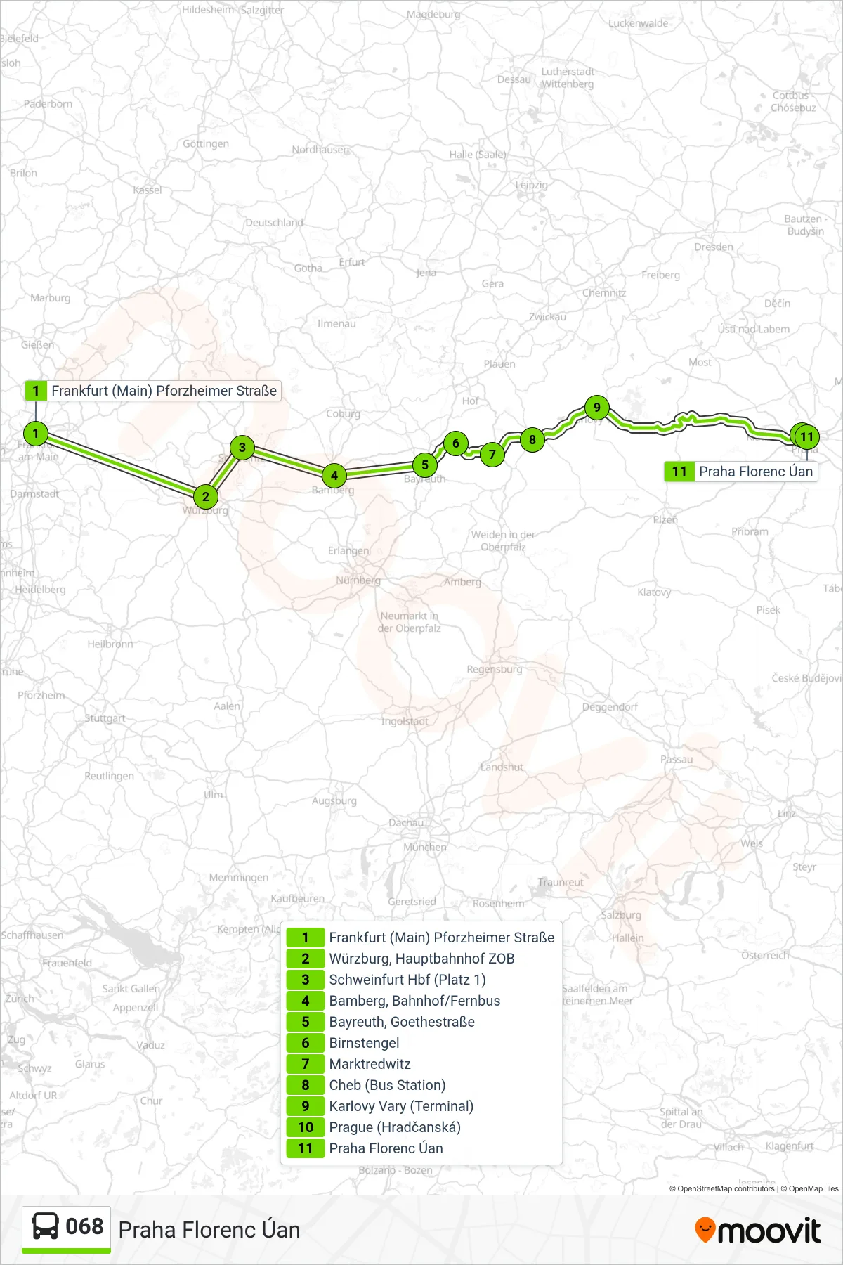 068 bus Line (Praha Florenc Úan) route and stops on a map