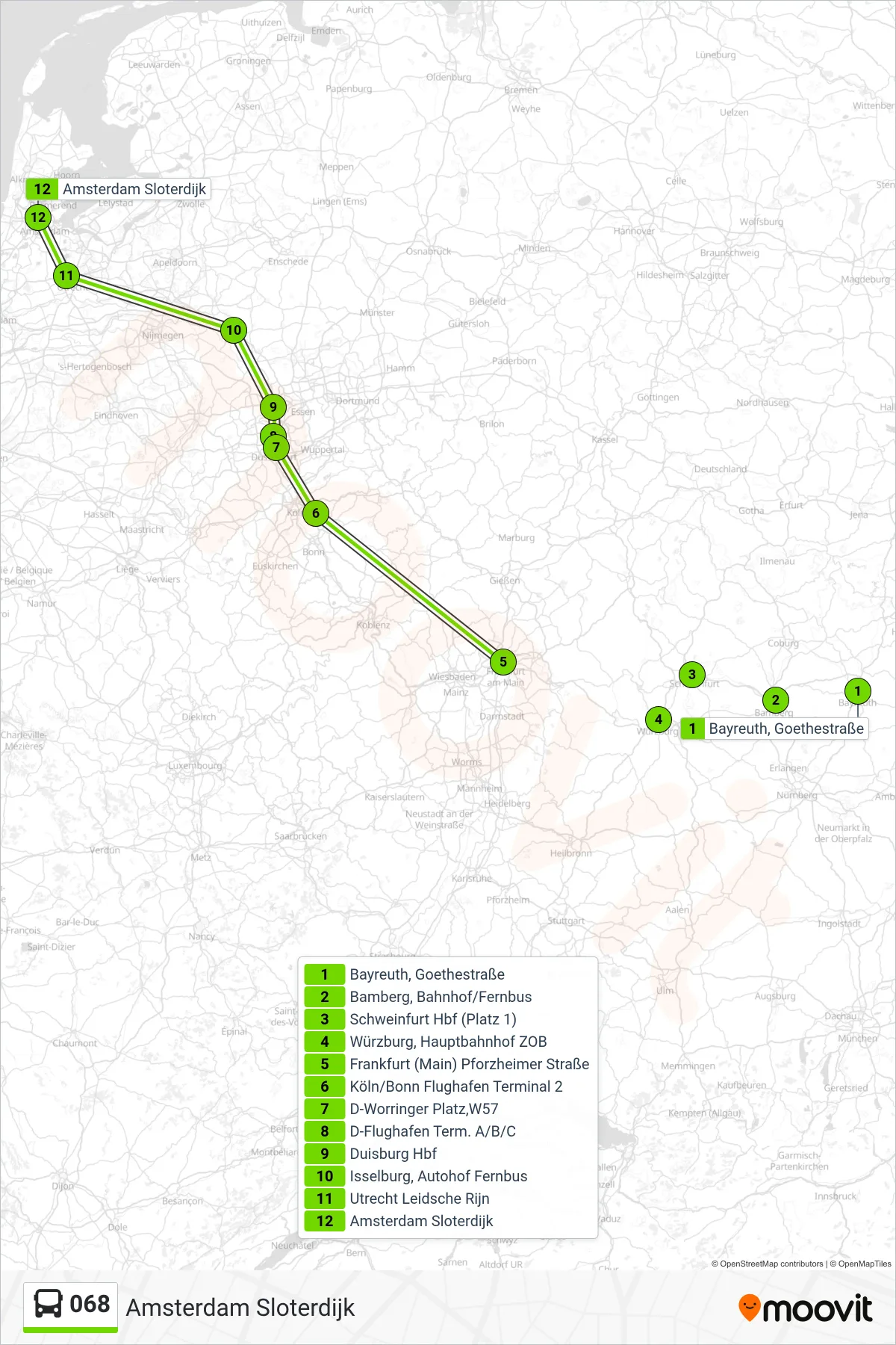 068 bus Line (Amsterdam Sloterdijk) route and stops on a map