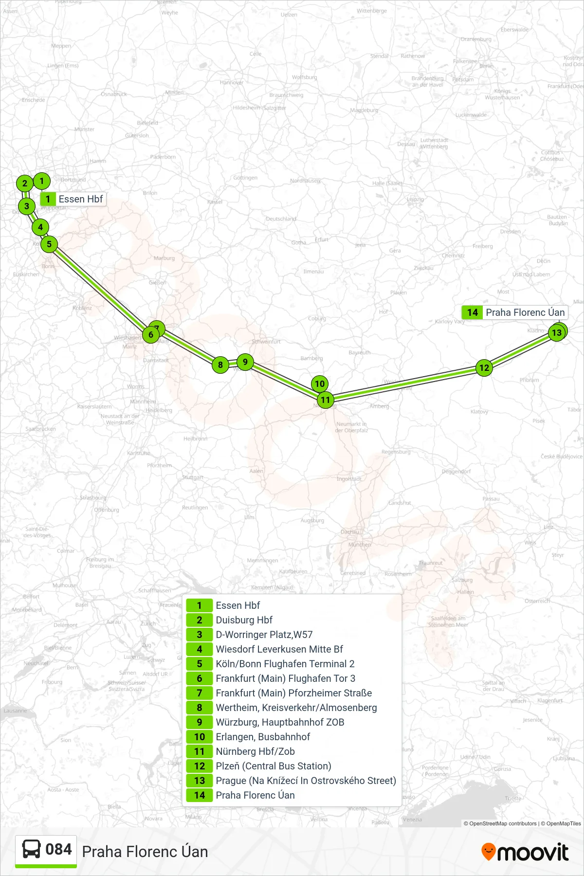 Linie 084 (Bus) Richtung Praha Florenc Úan: Route und Haltestellen auf der Karte