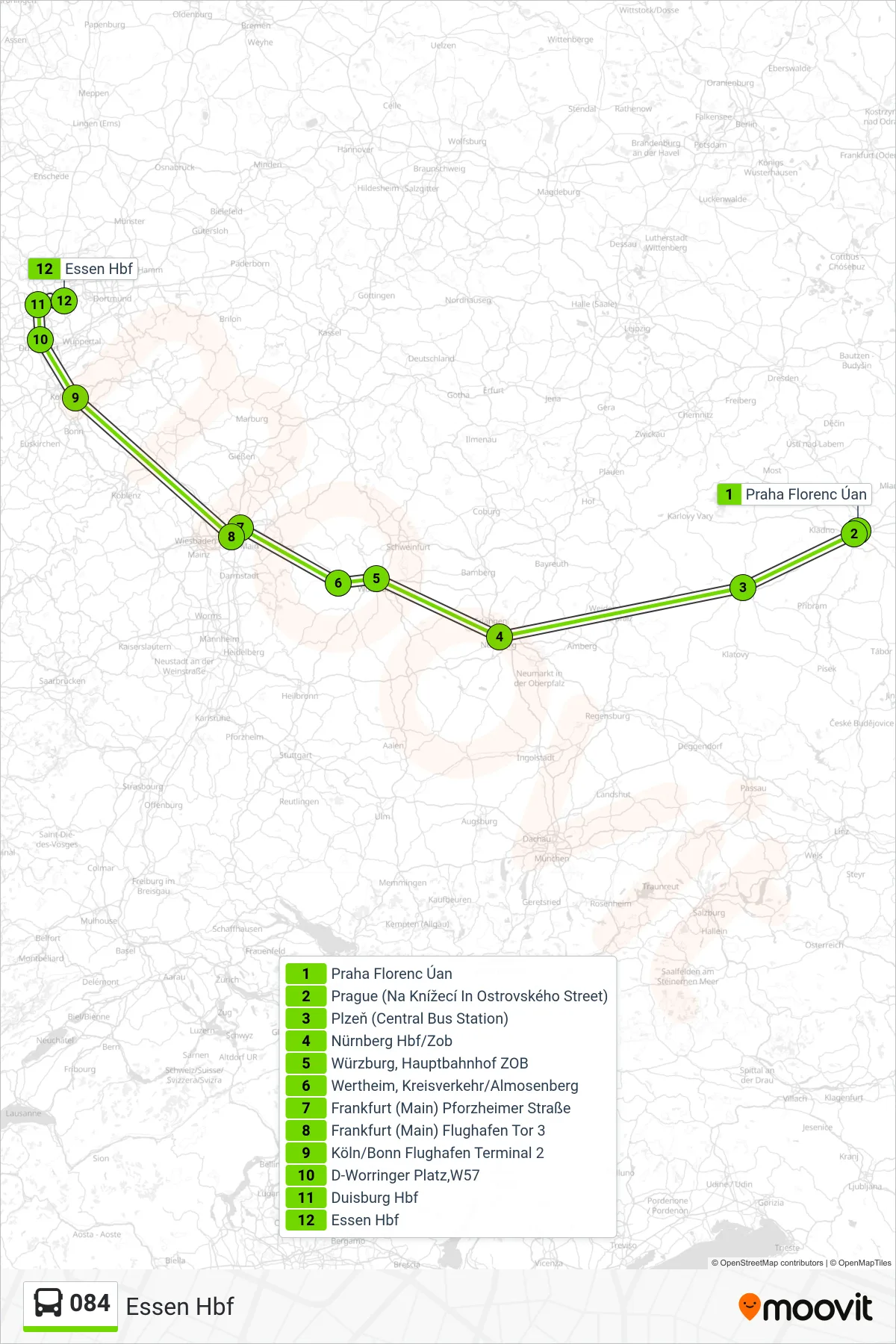 084 bus Line (Essen Hbf) route and stops on a map