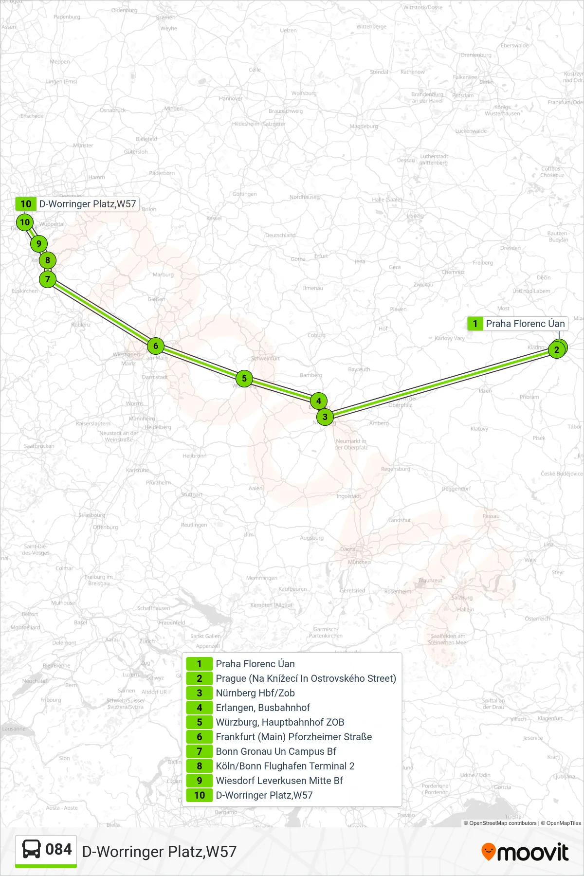 084 bus Line (D-Worringer Platz,W57) route and stops on a map