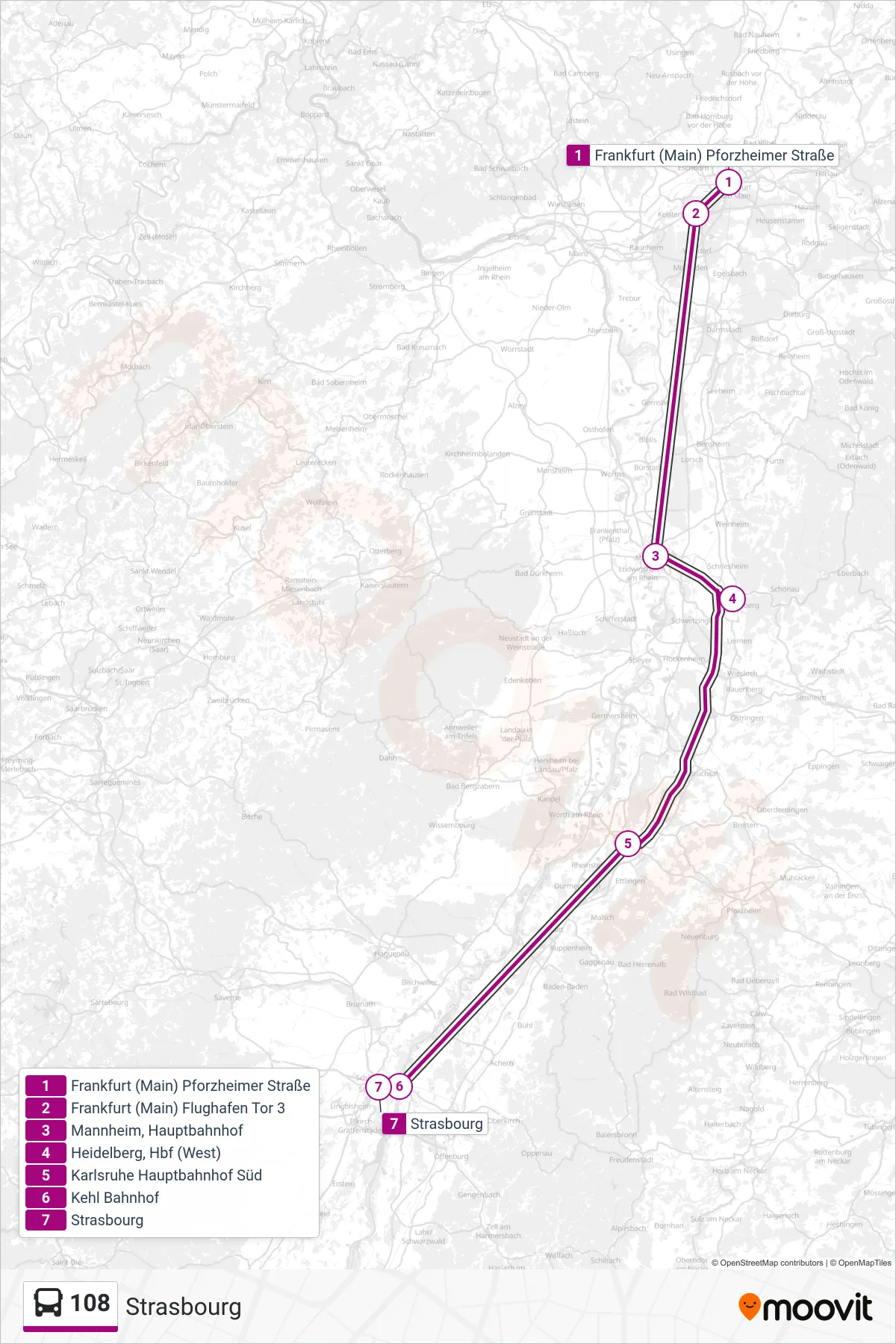 108 bus Line (Strasbourg) route and stops on a map