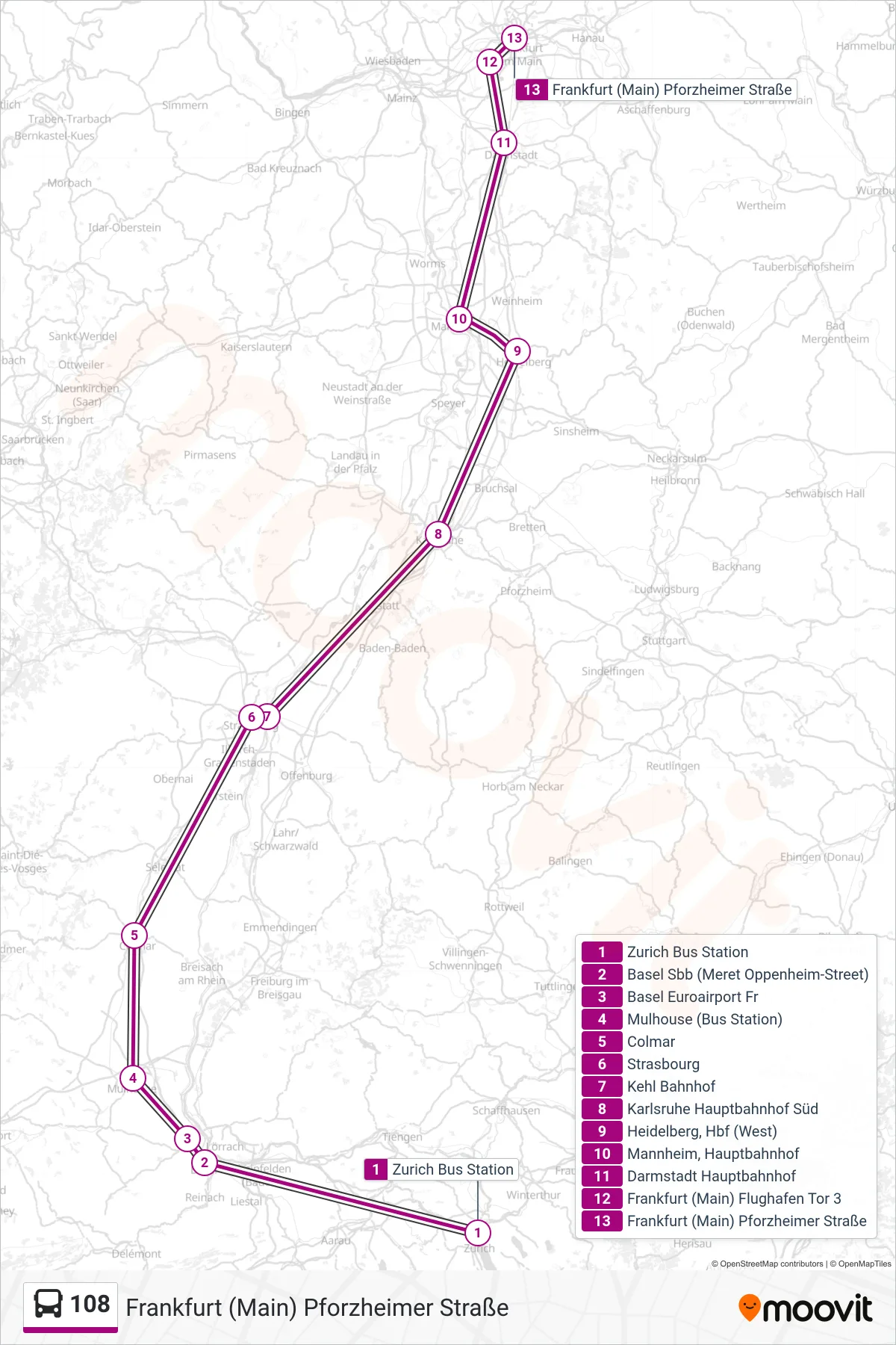 108 bus Line (Frankfurt (Main) Pforzheimer Straße) route and stops on a map