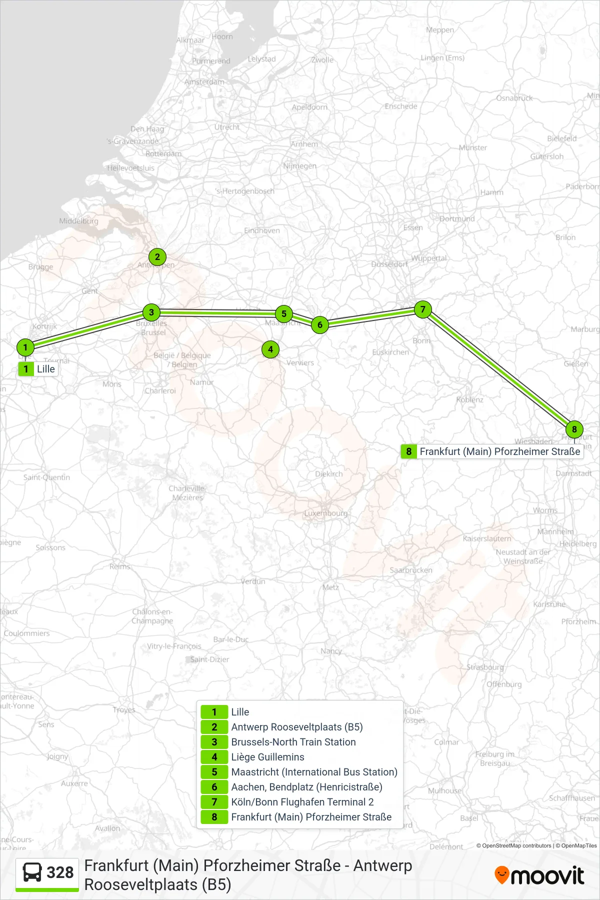 328 bus Line (Frankfurt (Main) Pforzheimer Straße) route and stops on a map