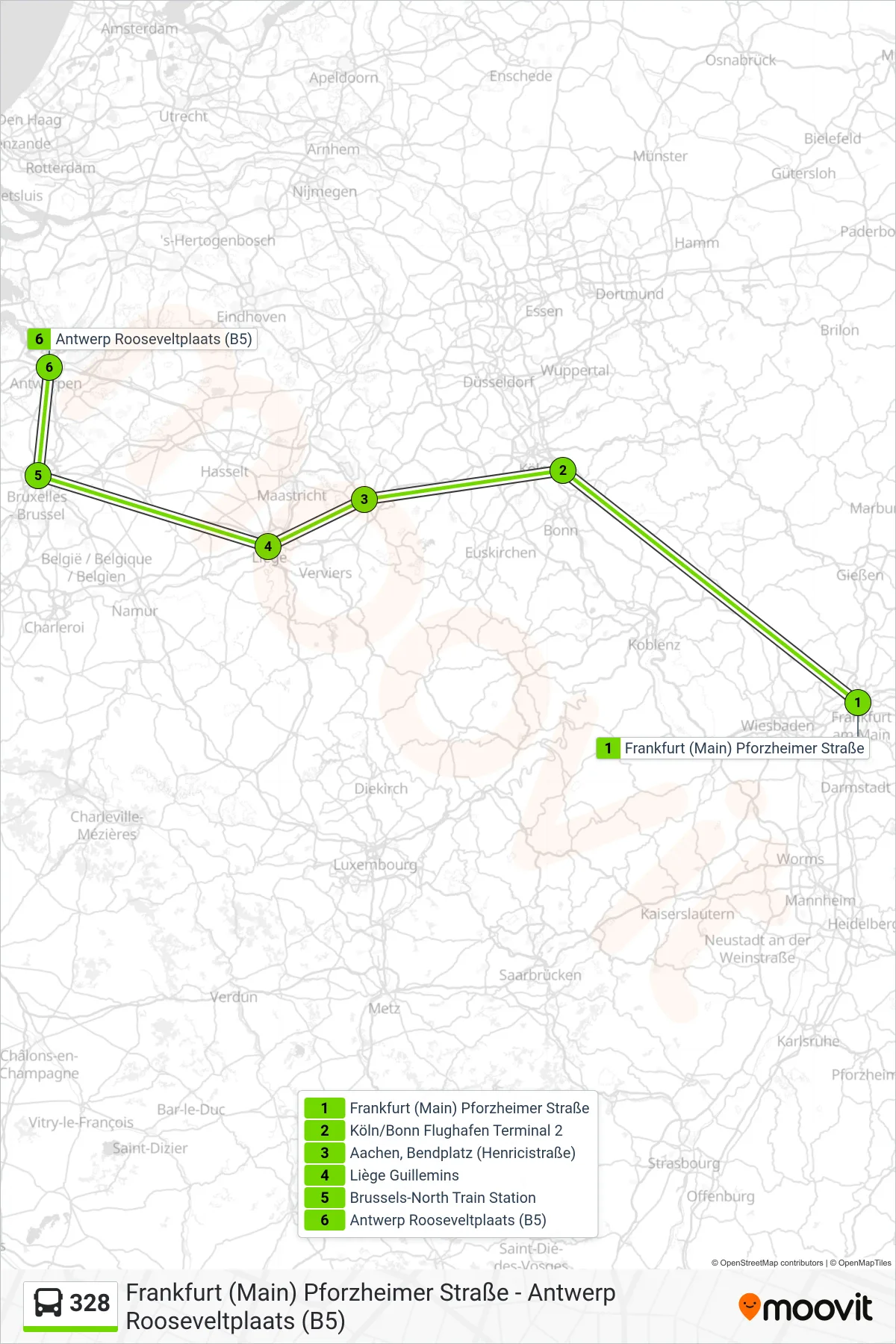 328 bus Line (Antwerp Rooseveltplaats (B5)) route and stops on a map