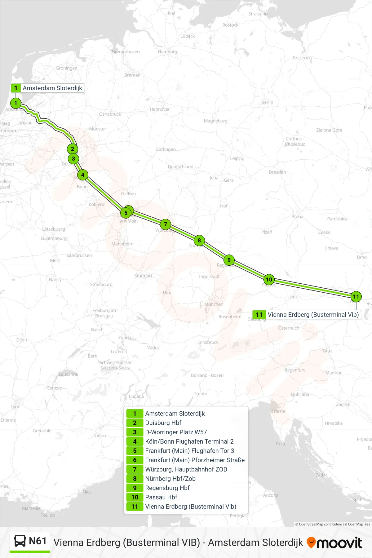 Linie N61 (Bus) Richtung Vienna Erdberg (Busterminal Vib): Route und Haltestellen auf der Karte