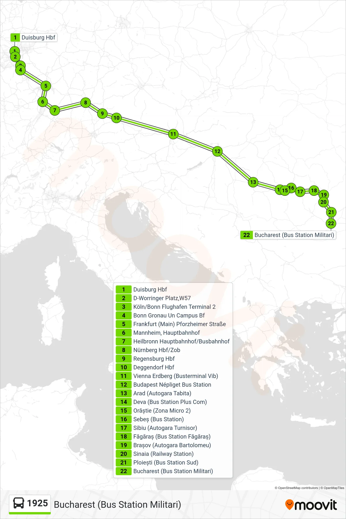Linie 1925 (Bus) Richtung Bucharest (Bus Station Militari): Route und Haltestellen auf der Karte