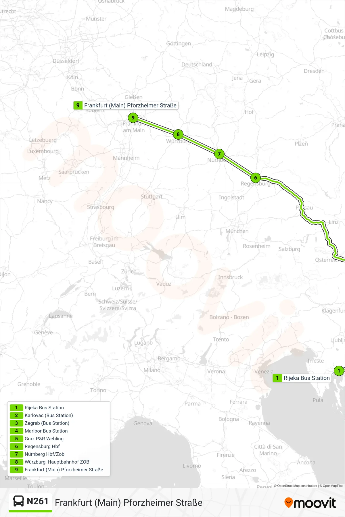 N261 bus Line (Frankfurt (Main) Pforzheimer Straße) route and stops on a map