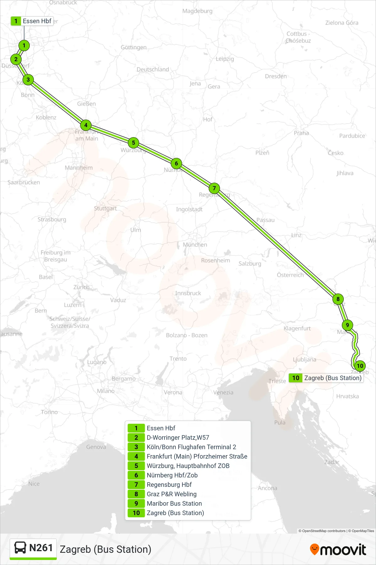 N261 bus Line (Zagreb (Bus Station)) route and stops on a map