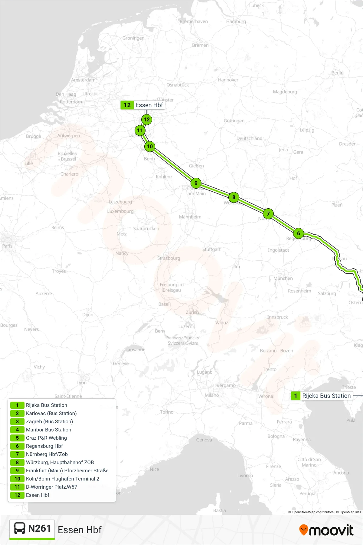 N261 bus Line (Essen Hbf) route and stops on a map