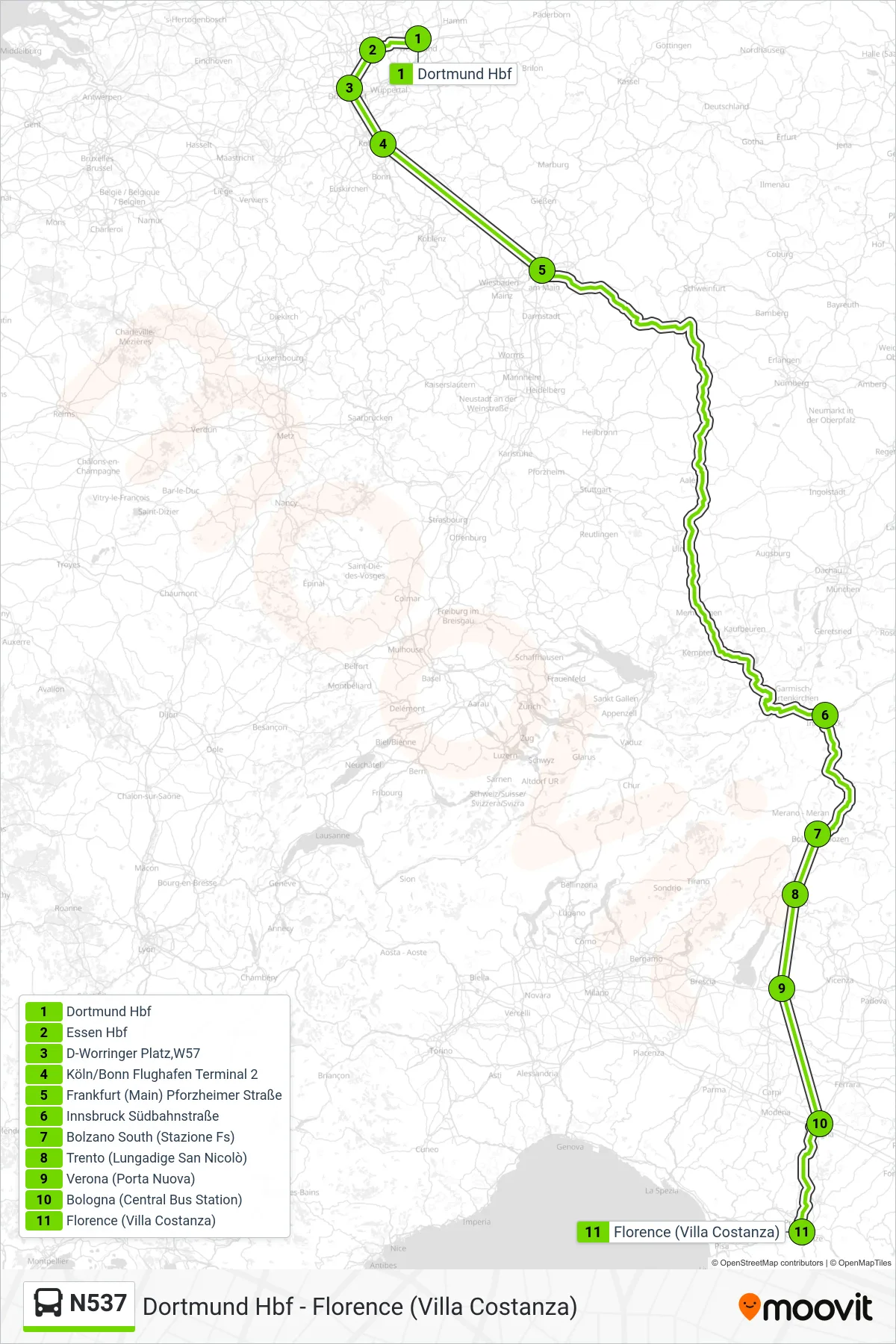N537 bus Line (Florence (Villa Costanza)) route and stops on a map