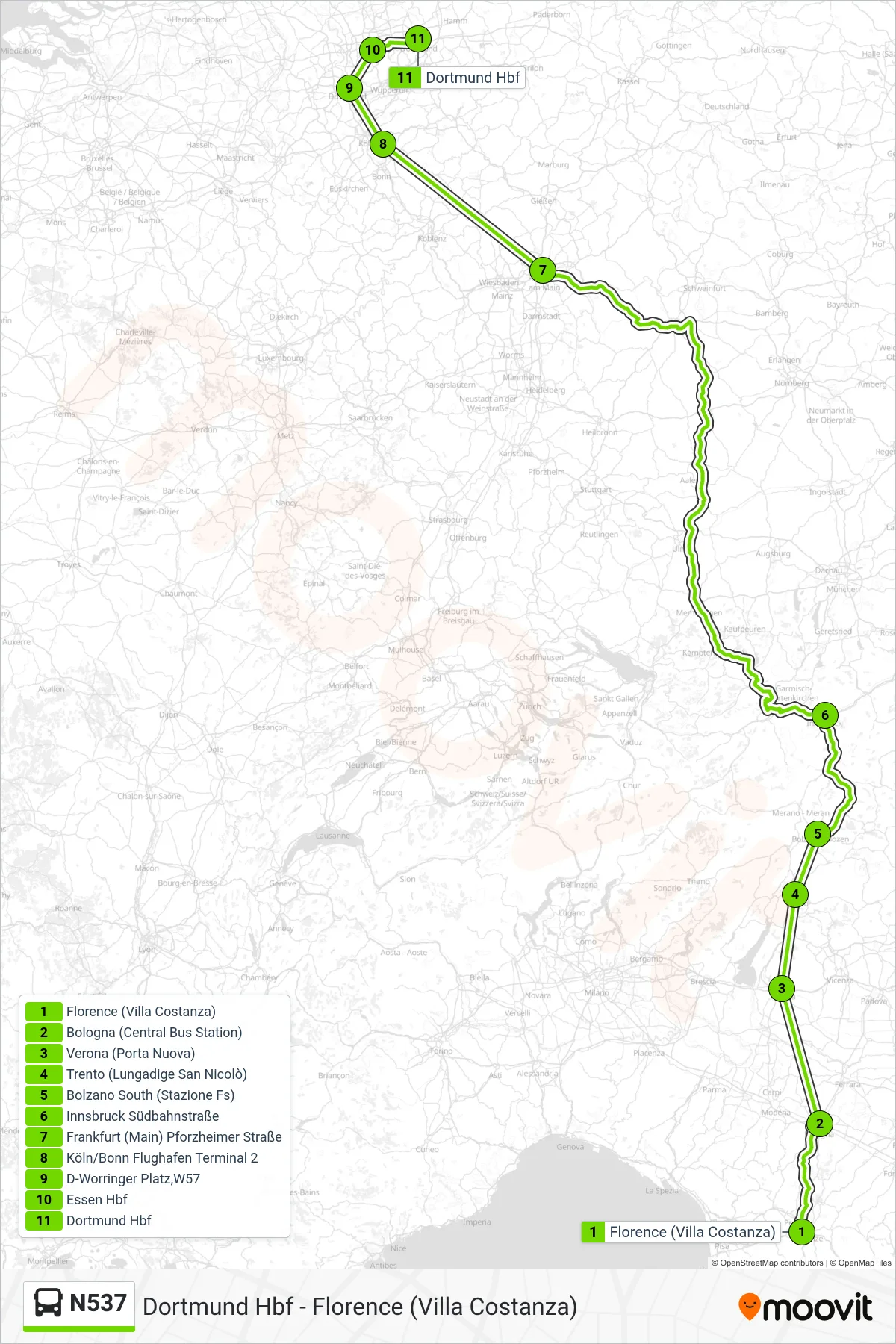 Linie N537 (Bus) Richtung Dortmund Hbf: Route und Haltestellen auf der Karte